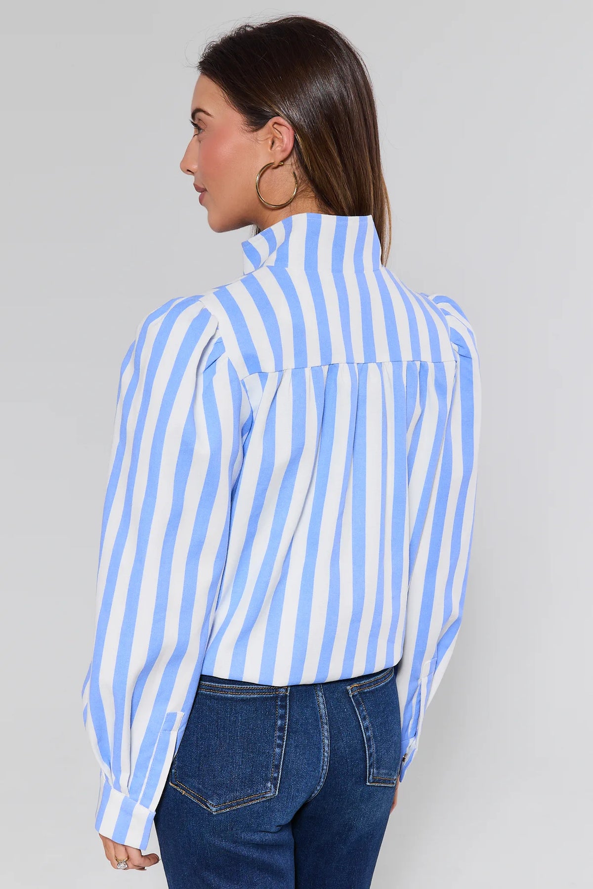 Annabella Blue Striped Cropped Jacket - Back View showing relaxed fit and long sleeves with denim | Avara