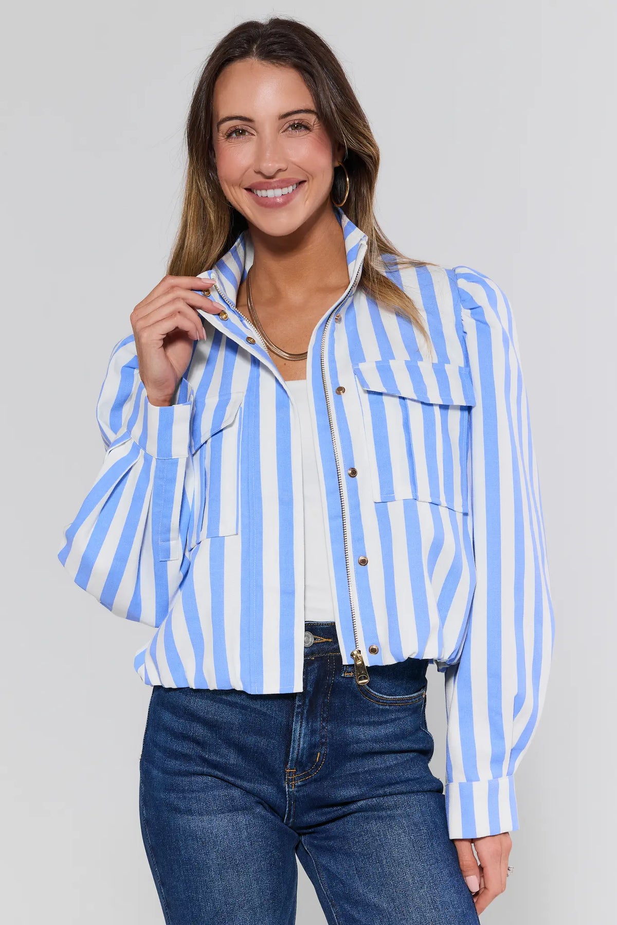 Annabella Blue and White Striped Cropped Jacket on model - Front View with dark denim | Avara