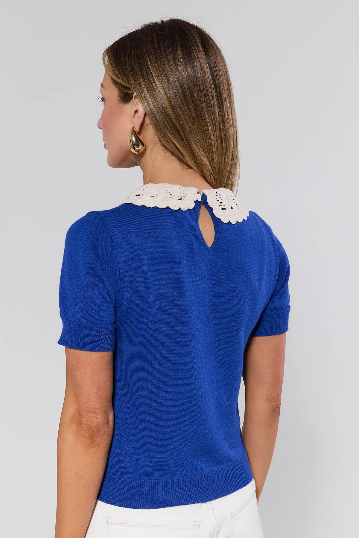Addison Blue Knit Short Sleeve Top with cream crochet Peter Pan collar - Back View | Avara