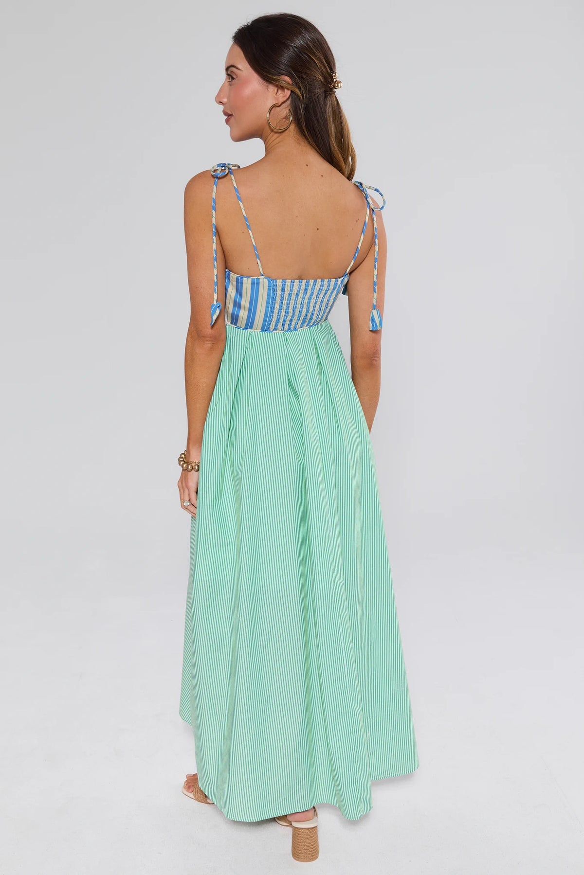 Ashton Multi Striped Maxi Dress back view showing smocked bodice, tie straps, and mint striped skirt | Avara