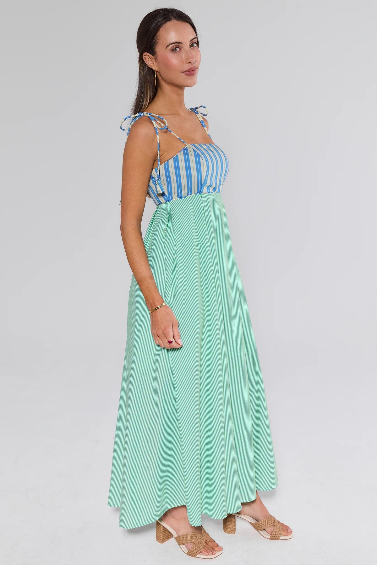 Ashton Multi Striped Maxi Dress side view, blue and mint striped maxi dress with flowy A-line skirt | Avara