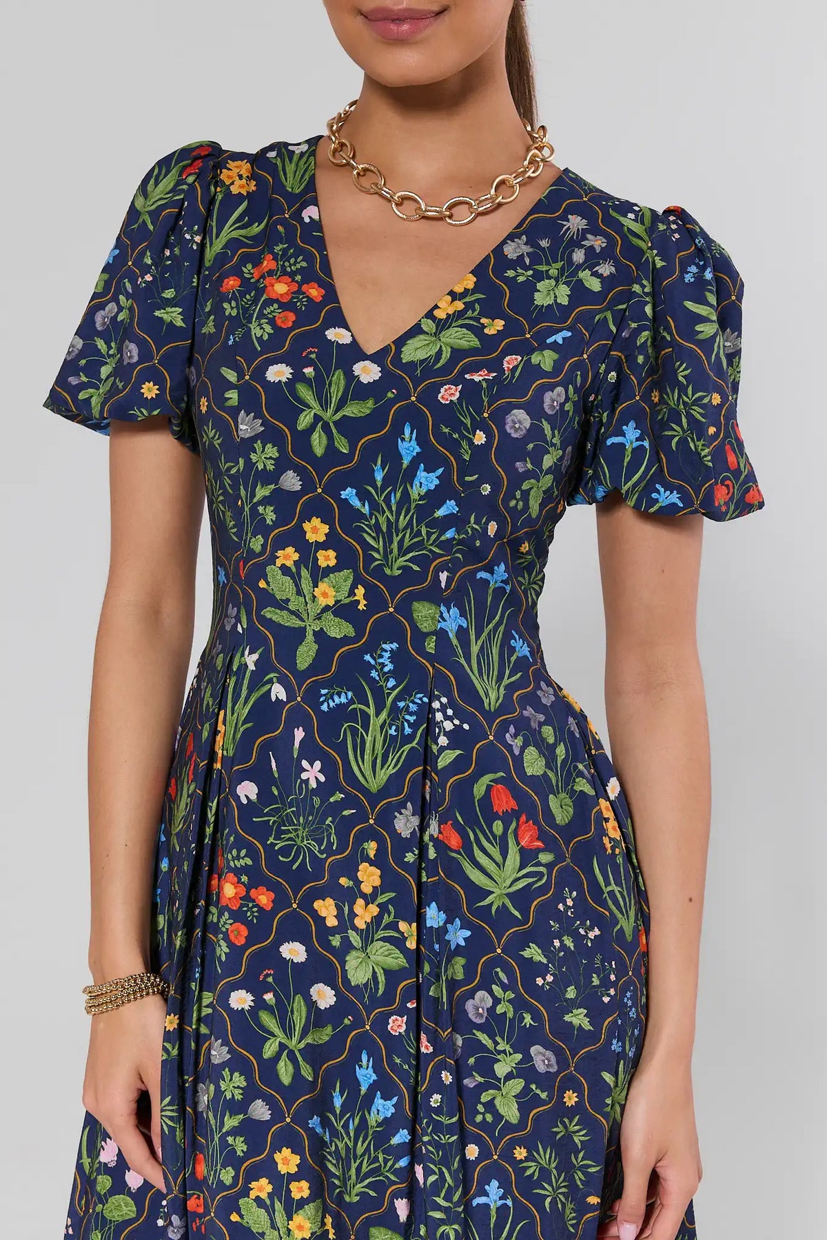 Kaidyn Navy Floral Midi Dress - V-neckline and puff sleeve close-up detail, modest dress for women | Avara
