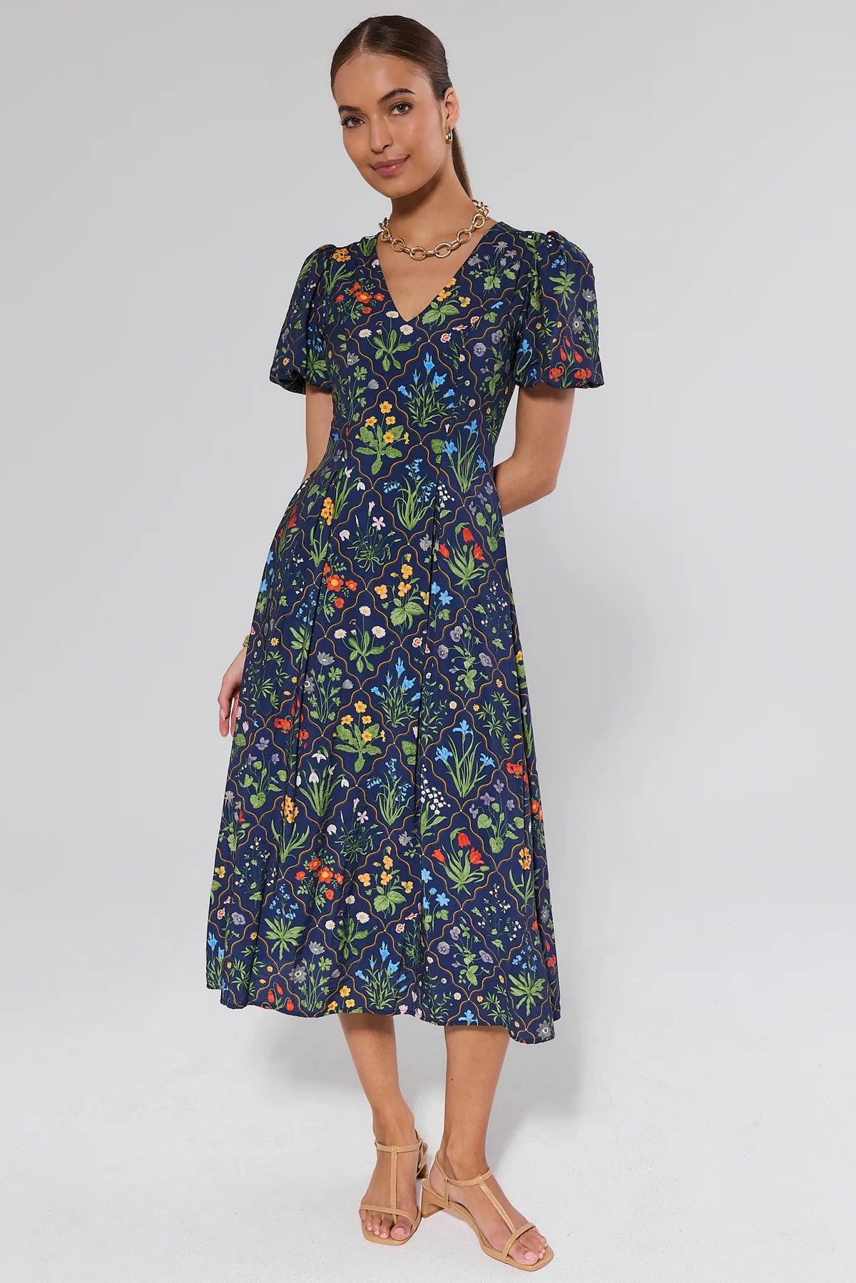 Kaidyn Navy Floral Print Midi Dress - full-length front view styled with tan sandals | Avara