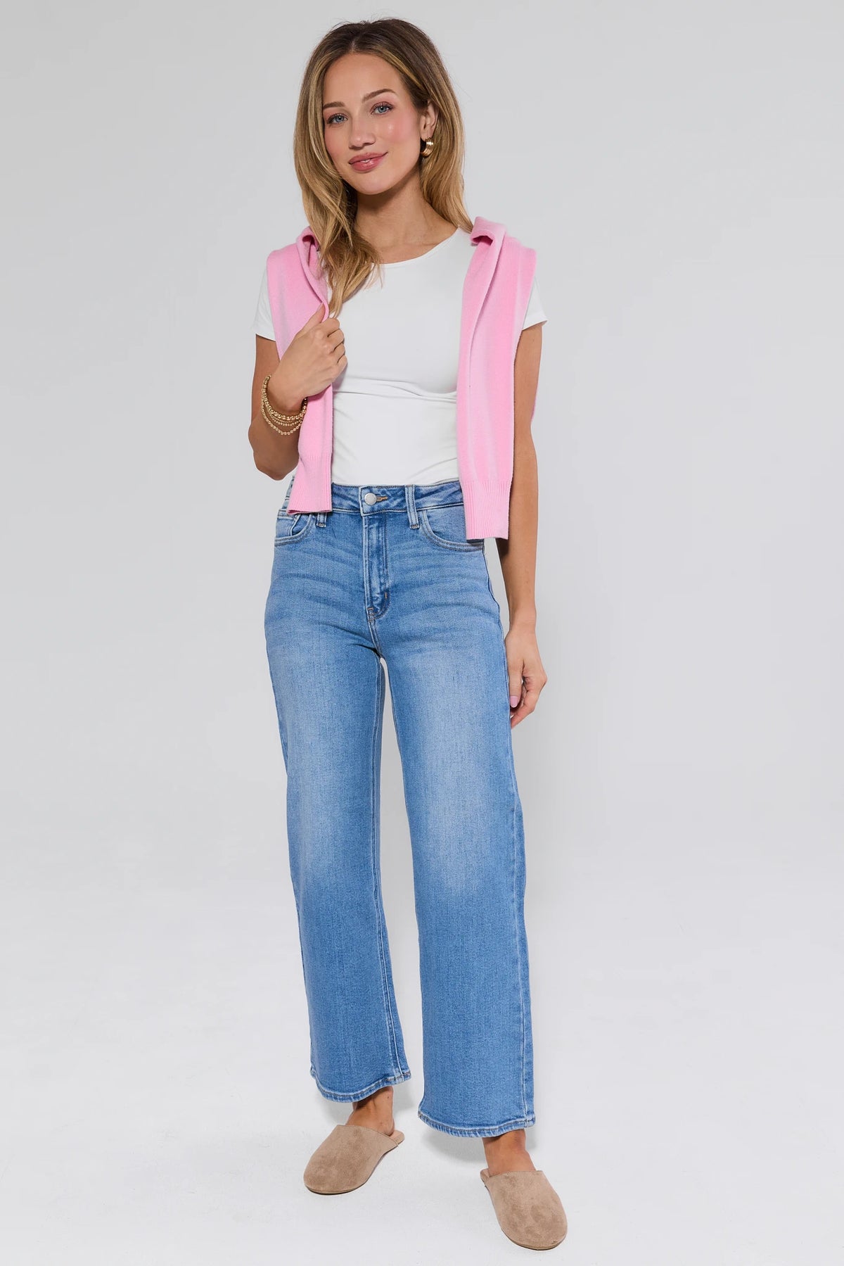 Hailey Wide Leg Jeans styled with pink sweater vest and white tee - Full Length On Model | Avara