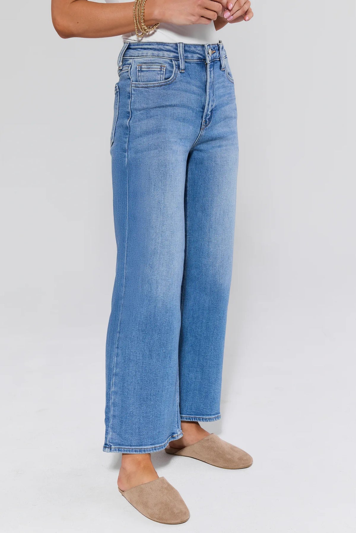 Hailey Medium Wash Wide Leg Jeans - Side View High Rise Waist Detail | Avara