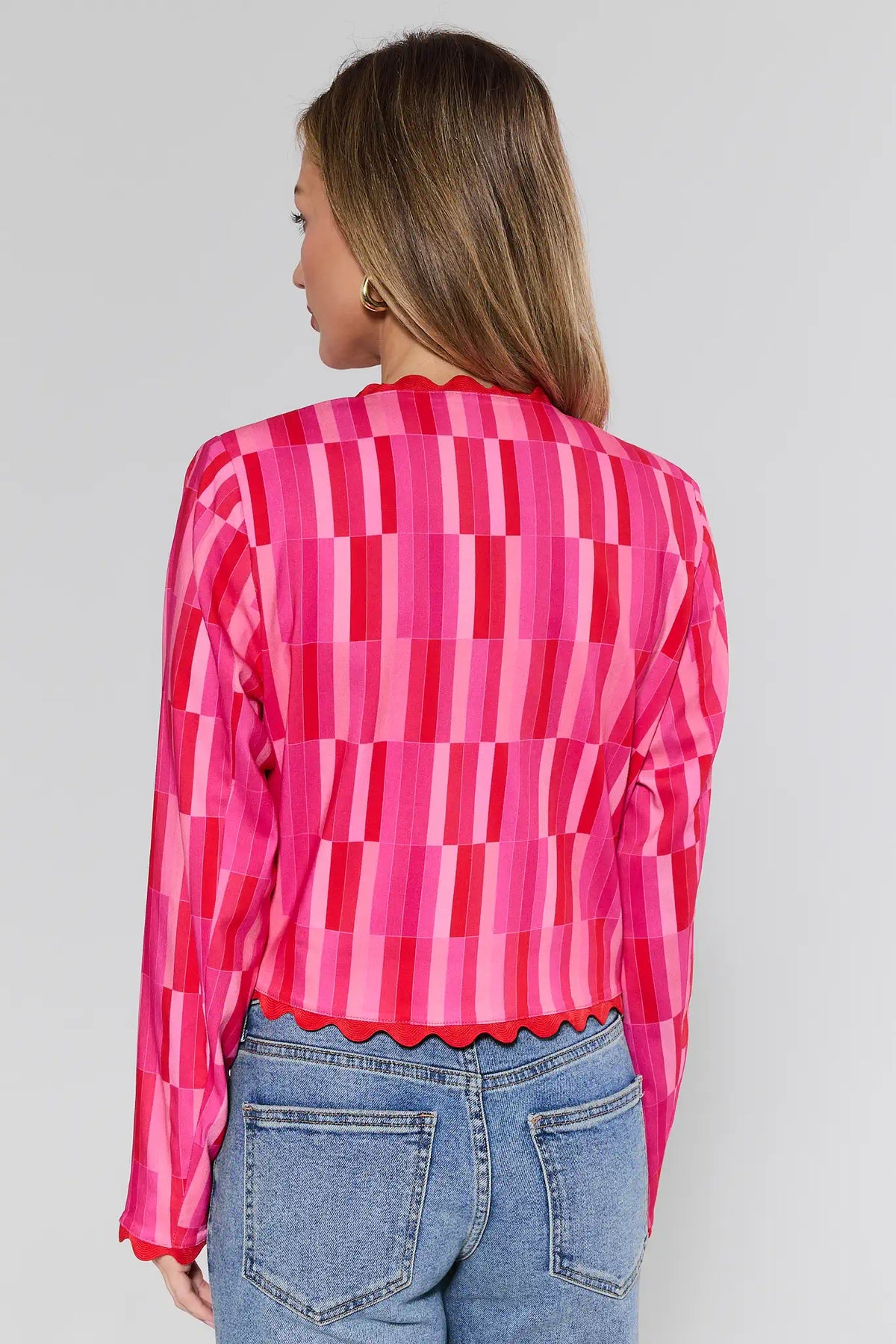 Jesse Pink Printed Scalloped Jacket back view showing allover stripe print and scallop trim | Avara