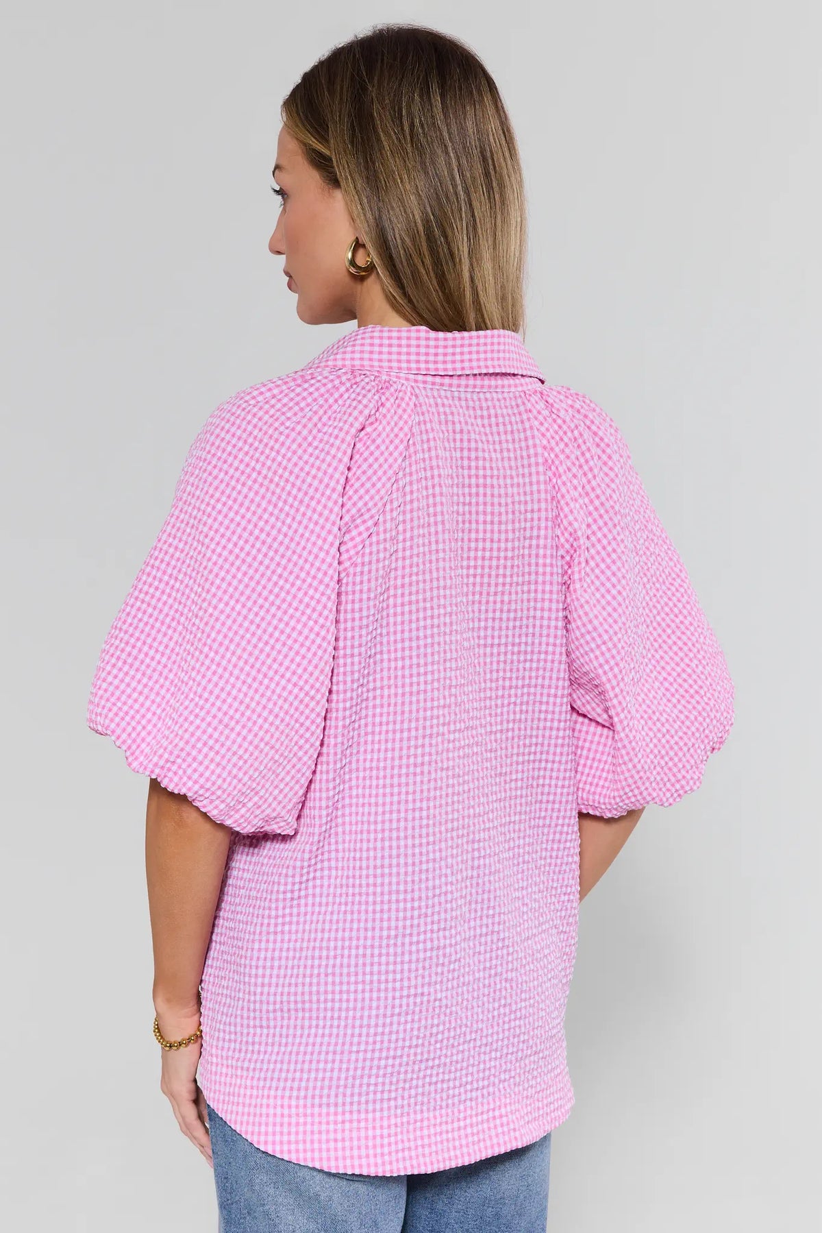 Ashton Pink Gingham Short Sleeve Top women's back view showing relaxed fit | Avara