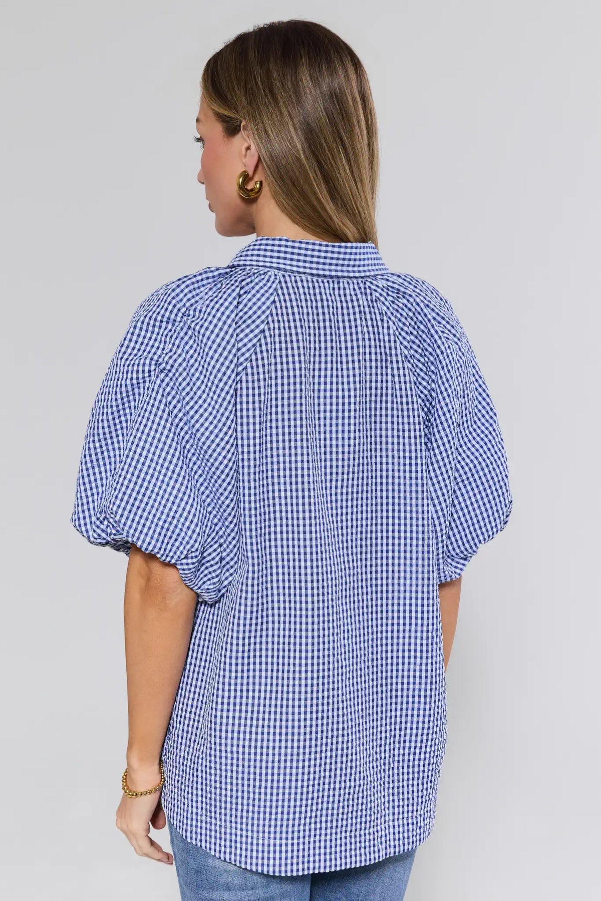 Ashton Navy Gingham Short Sleeve Top - Back View, puff sleeve detail | Avara