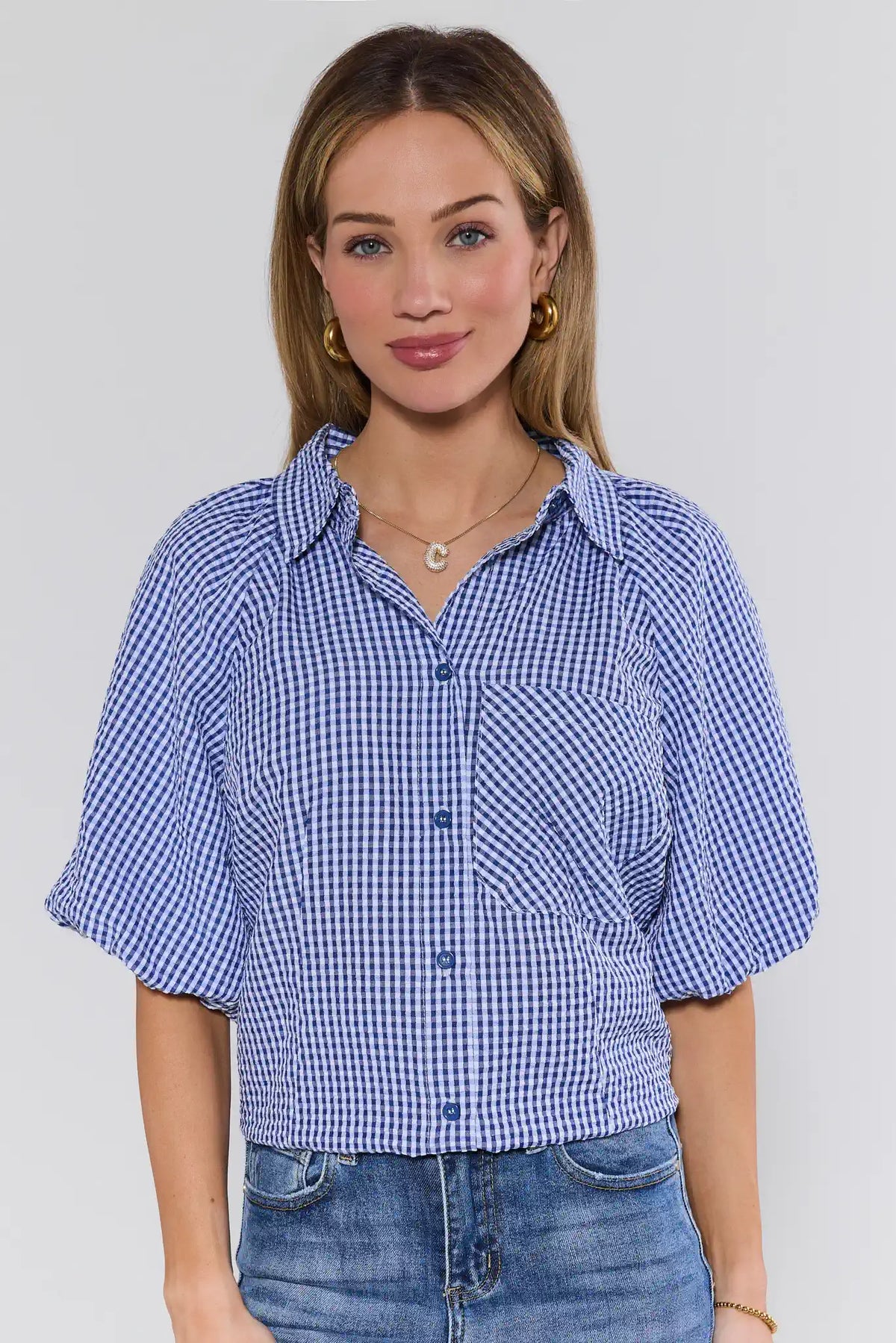 Ashton Navy Gingham Short Sleeve Top - Front View, styled with jeans | Avara