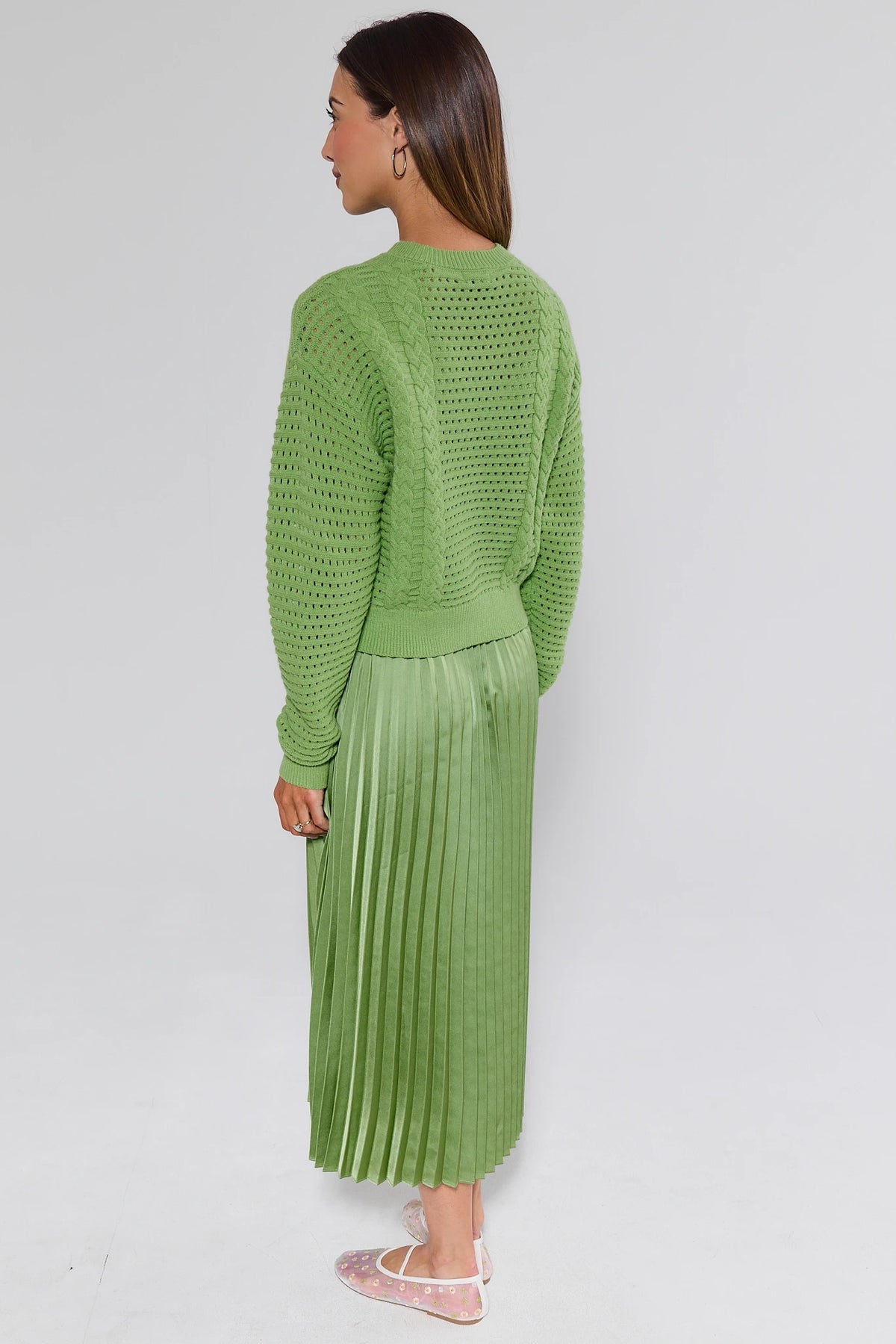 Gabbie Green Two Piece Midi Dress, cable-knit sweater and pleated skirt back view showing modest length | Avara