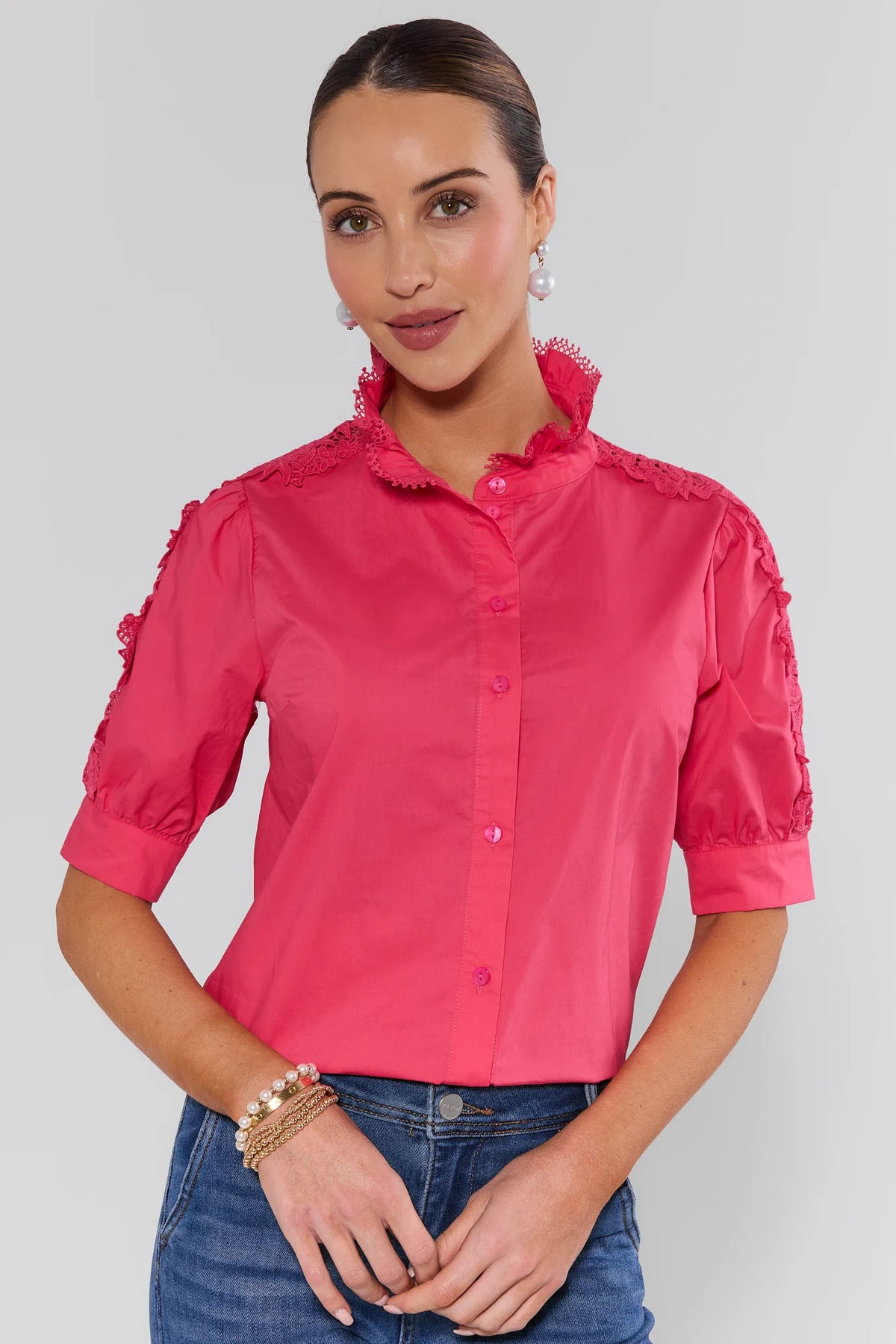 Maribeth Pink Lace Button Up Top, front view styled with denim - cute pink top for women | Avara