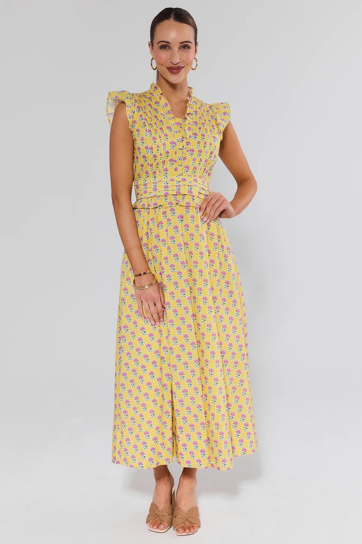 Magdalen Yellow Floral Maxi Dress - Full Front View, long yellow floral dress on model | Avara