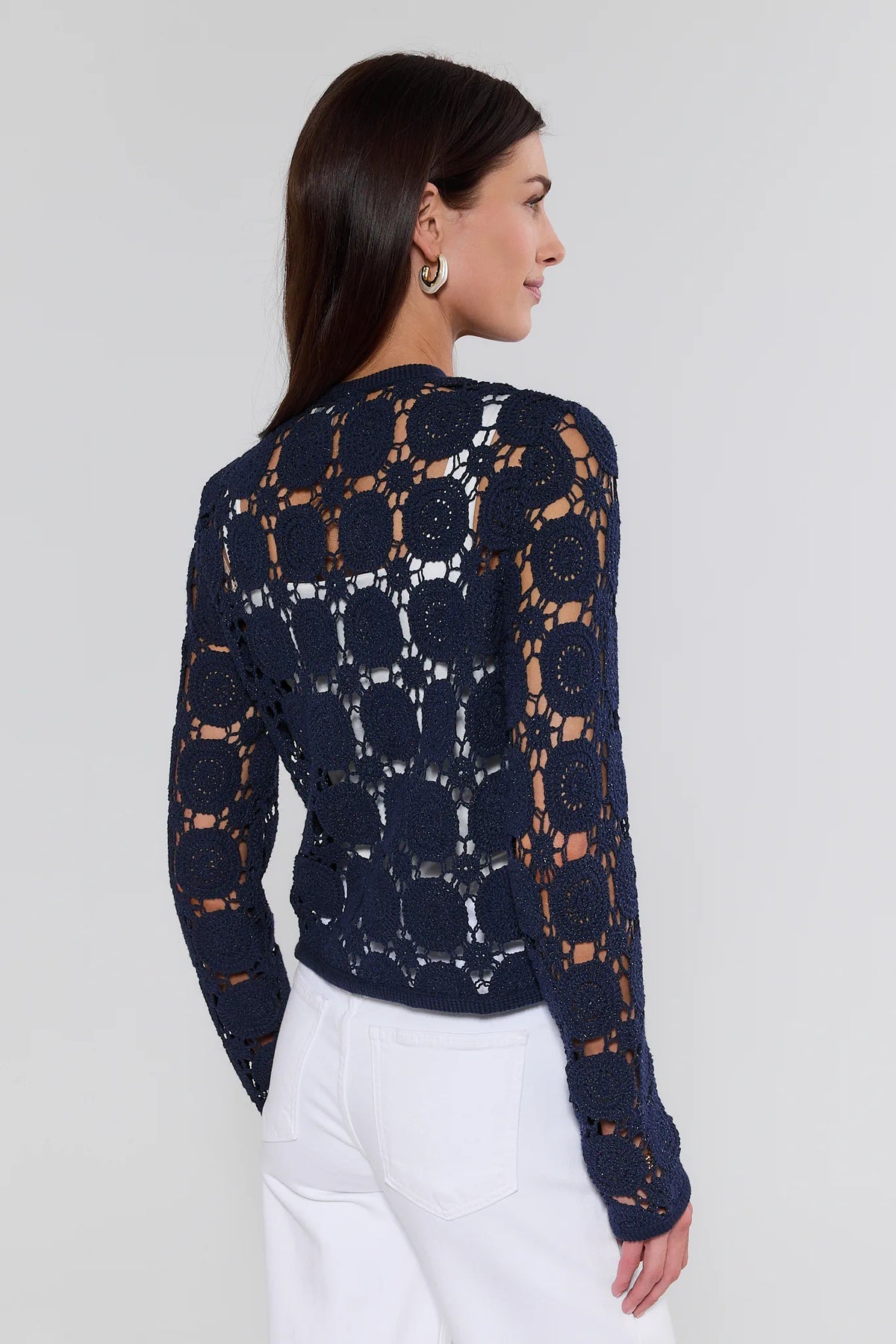 Cassidy Navy Crochet Cardigan womens - Back View showing allover knit pattern | Avara