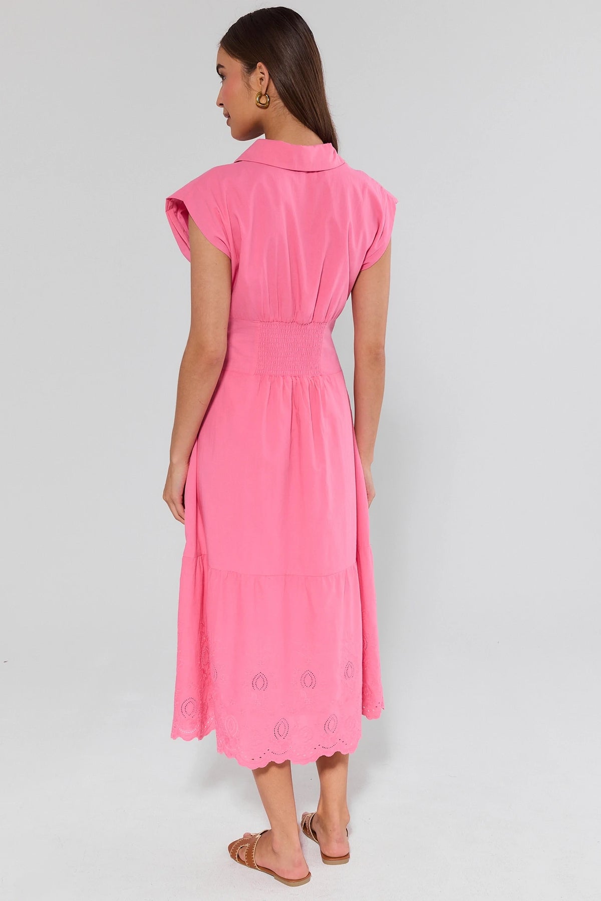 Pink Button Up Maxi Dress back view showing smocked waist and scalloped eyelet hem | Avara