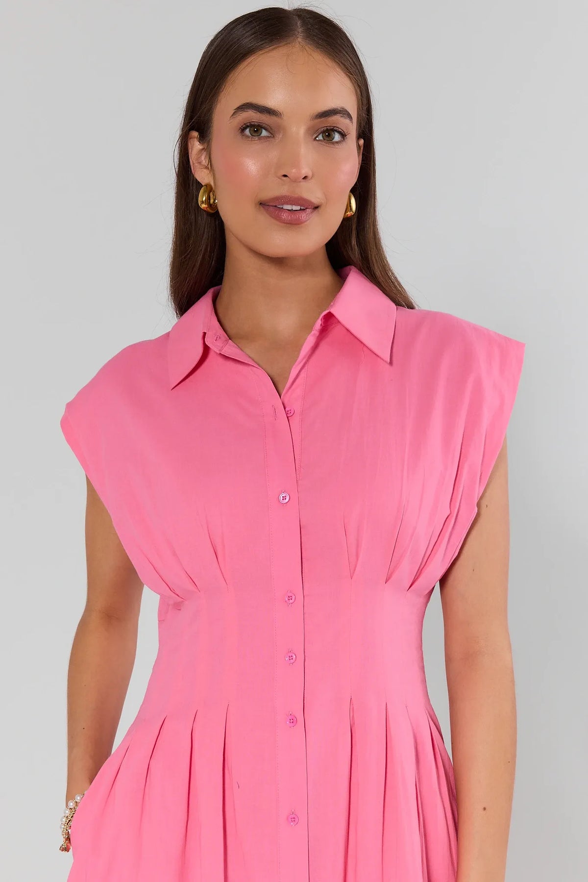 Pink Button Up Maxi Dress collar and pleated bodice close-up detail on model | Avara