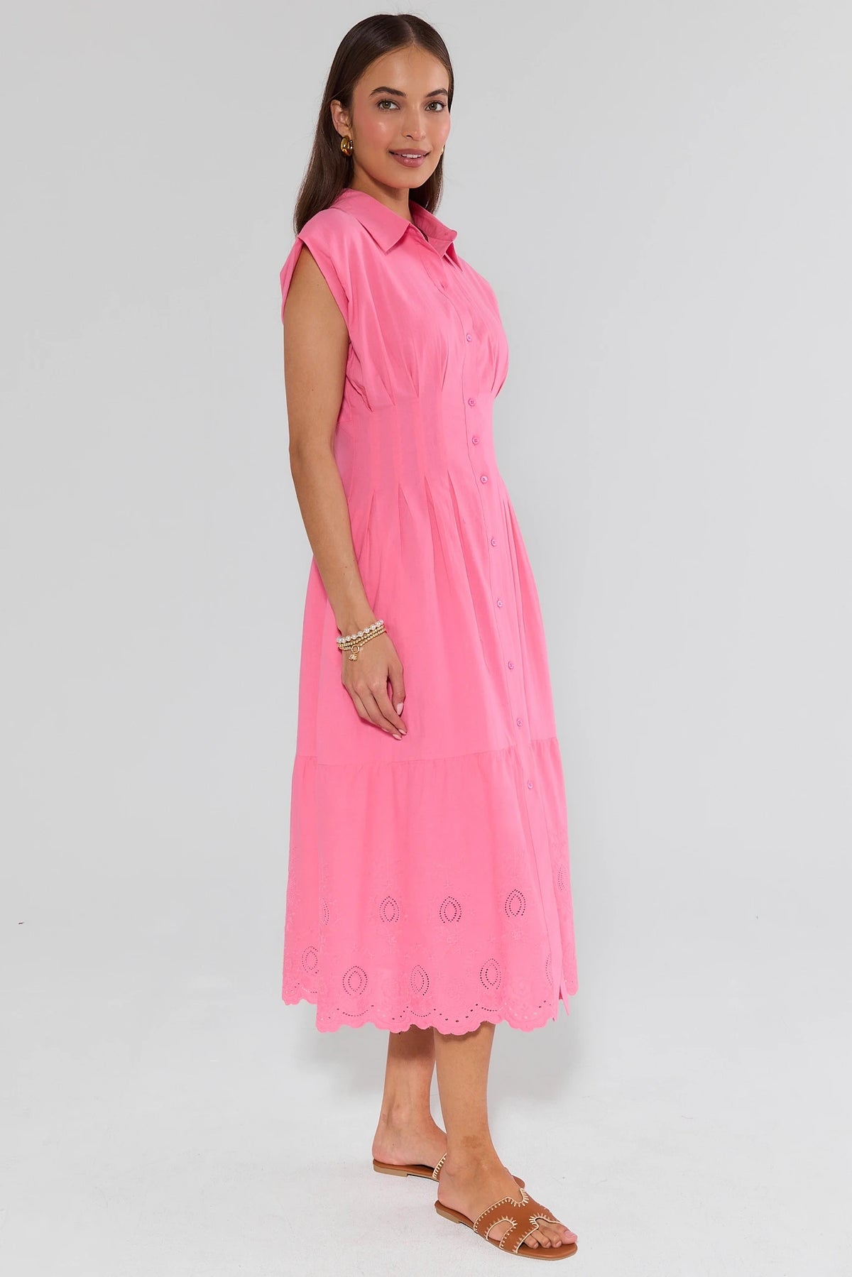 Pink Button Up Maxi Dress side profile showing eyelet hem and A-line silhouette | Avara
