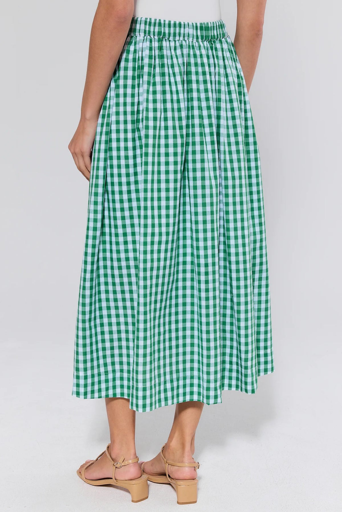 Green and white gingham midi skirt with elastic waistband and pleated fullness - Back View | Avara