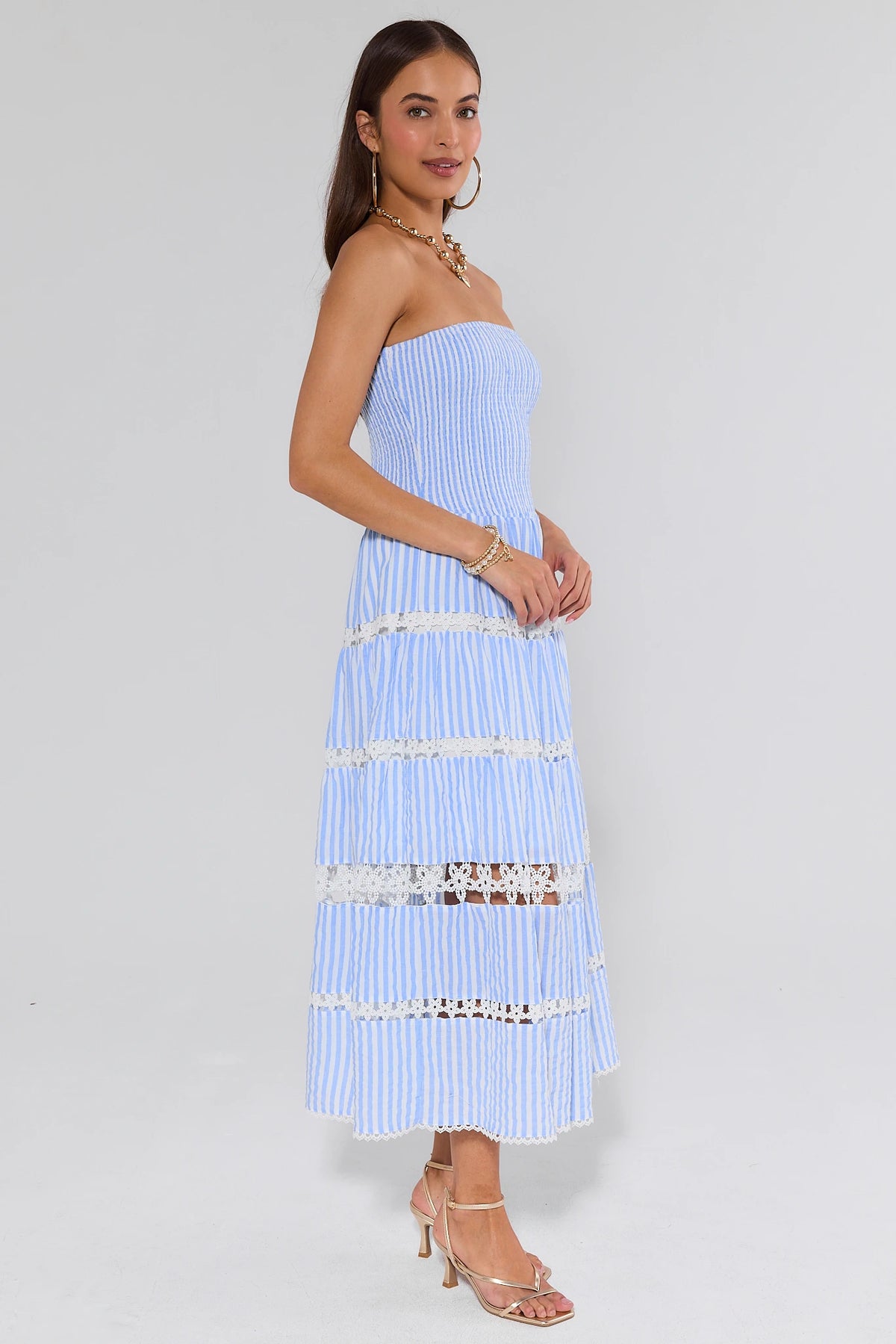 Cecilia Blue and White Striped Strapless Midi Dress with tiered lace trim - Side View | Avara