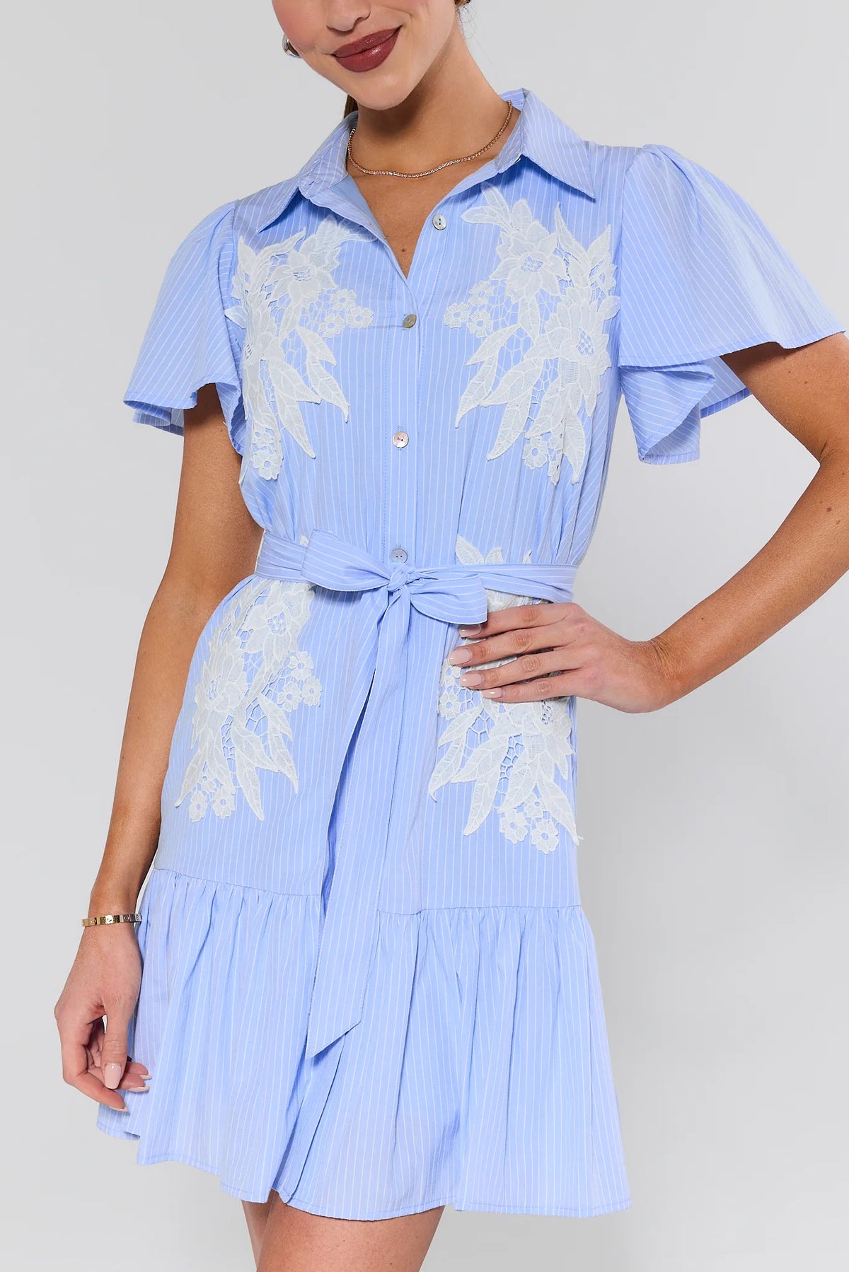 Delilah Blue Striped Floral Lace Dress with flutter sleeves and white lace appliqué - Front Detail Close-Up | Avara