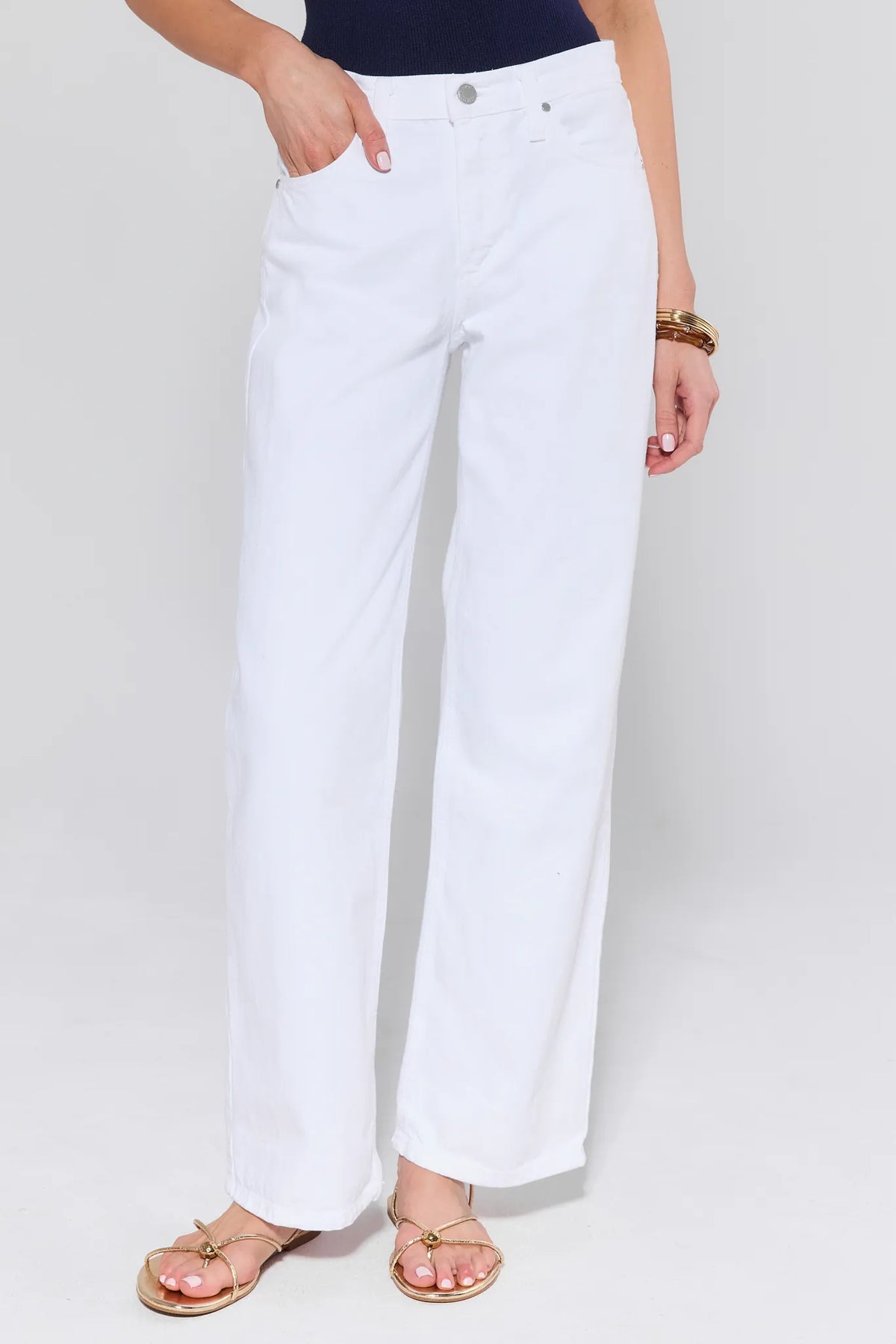 Andrea White Wide Leg Jeans - Front Angle View, White Denim with Gold Sandals | Avara