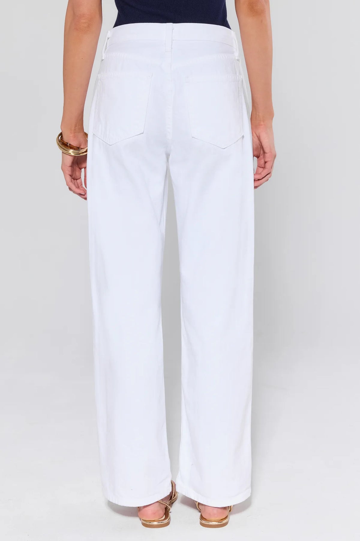 Andrea White Wide Leg Jeans - Back View, Five-Pocket White Denim On Model | Avara