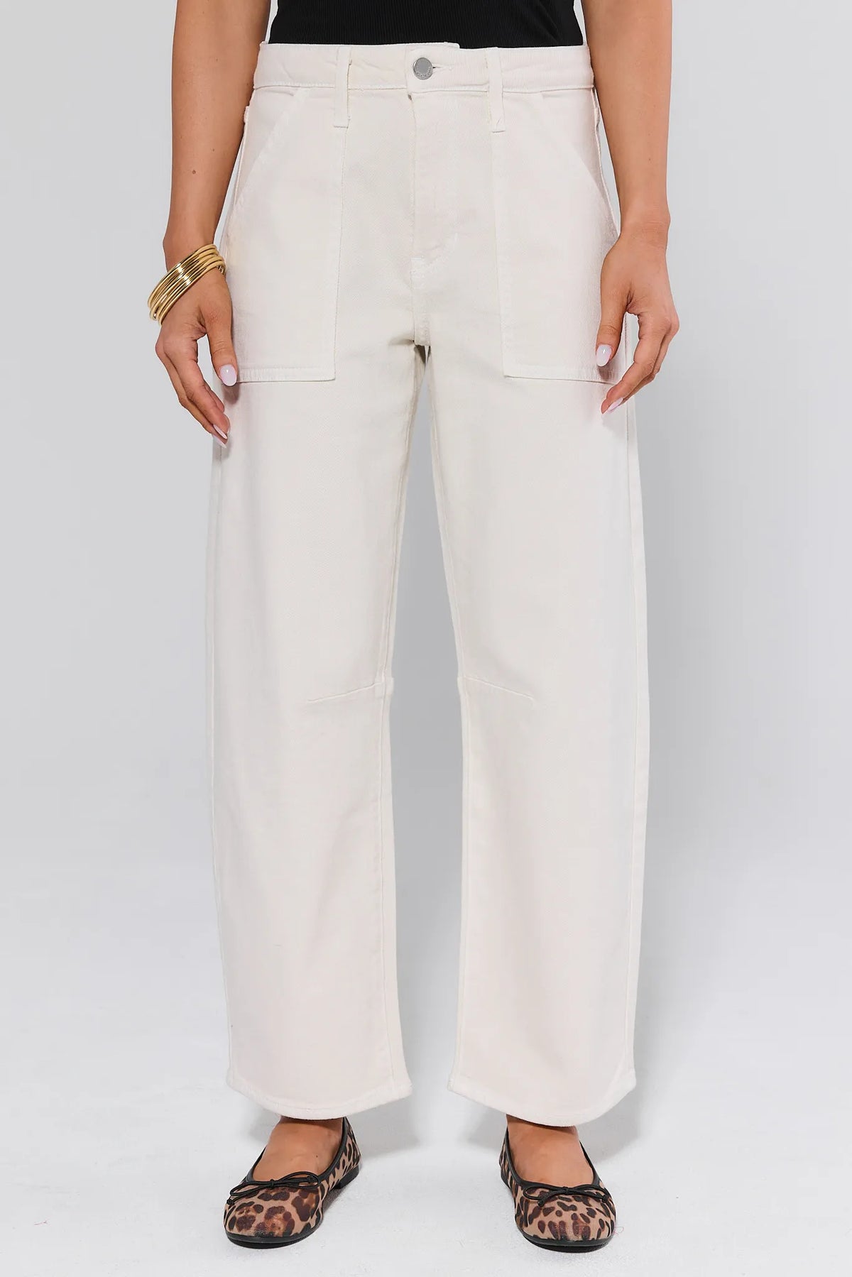 White Barrel Jeans Front View, High-Rise Denim with Patch Pockets, Styled with Flats - On Model | Avara