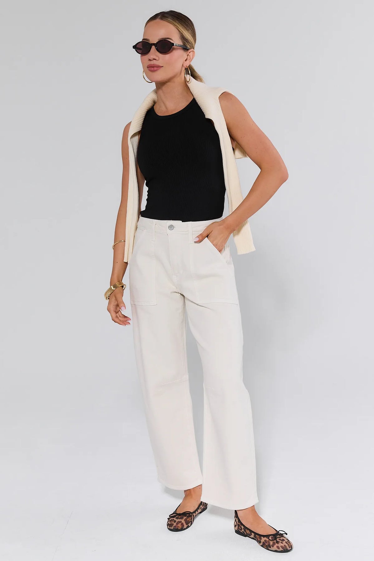 Alice White Barrel Jeans Full-Length Styled Look with Black Tank and Cream Vest - On Model | Avara