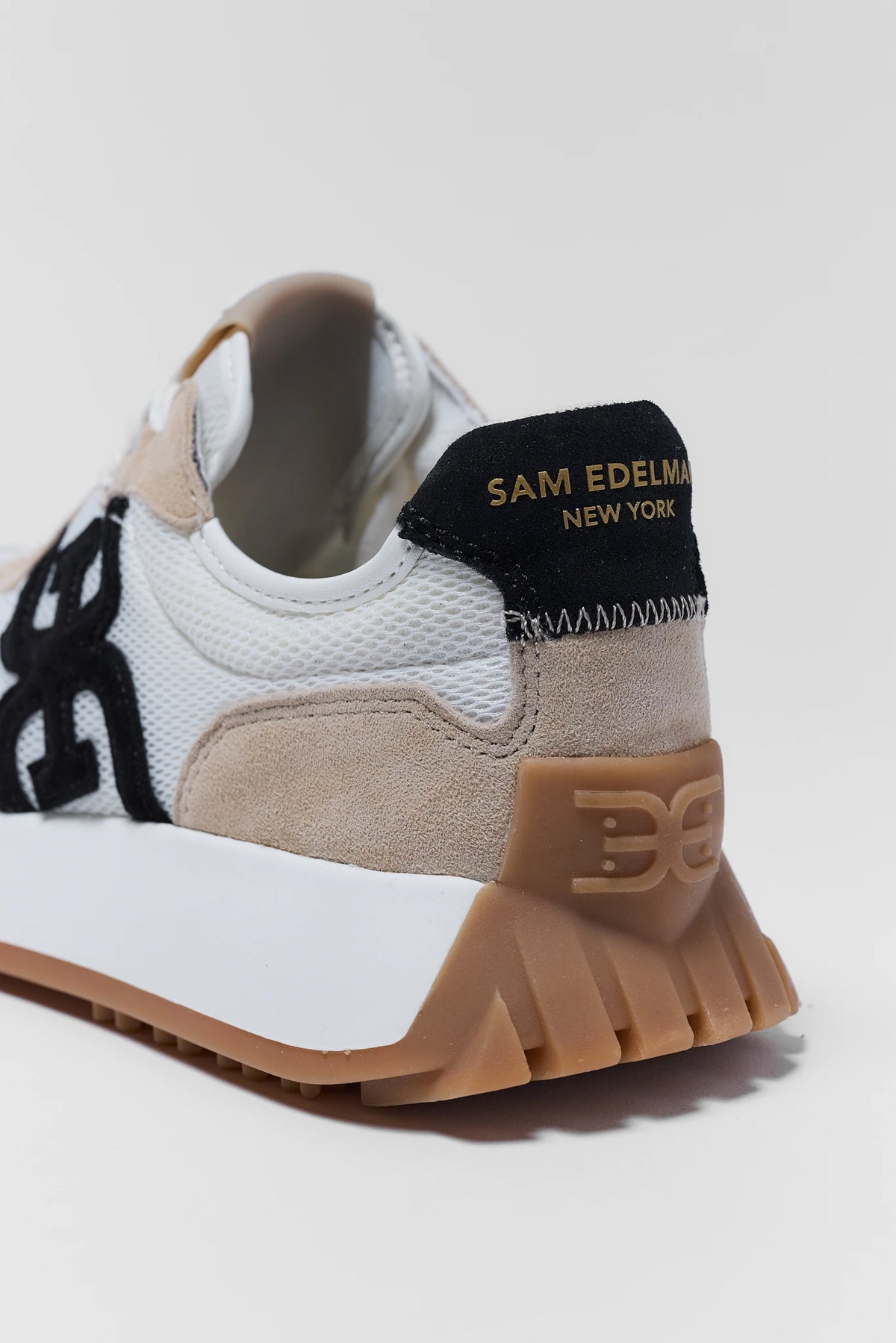 Sam Edelman Langley sneaker heel detail with gold New York branding and gum sole - Back View | Avara