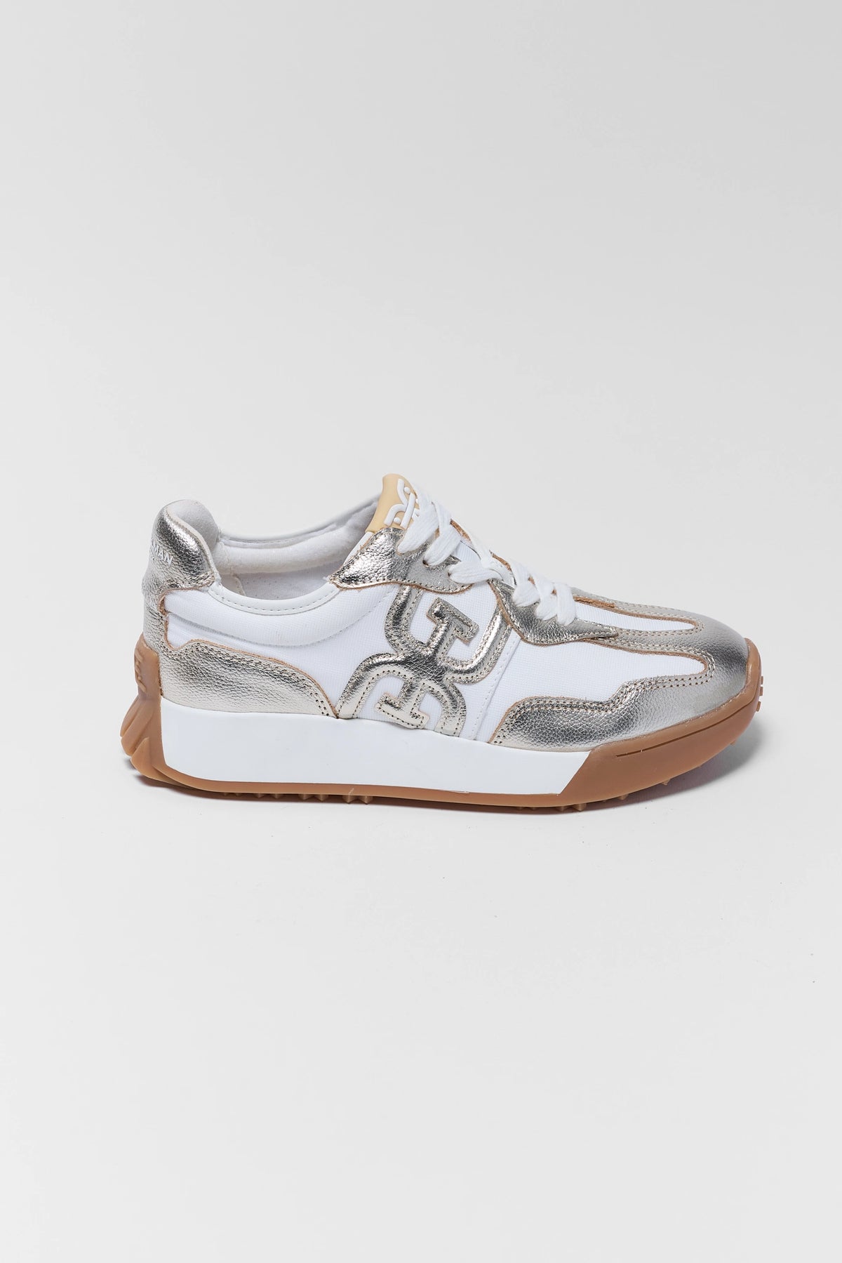Sam Edelman Langley Gold metallic sneaker with white upper and gum rubber sole - Side Profile | Avara