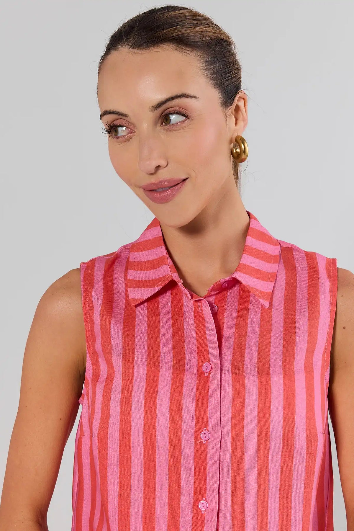 Delilah Pink Striped Button Up Top - collared neckline close-up detail, cute top for women | Avara