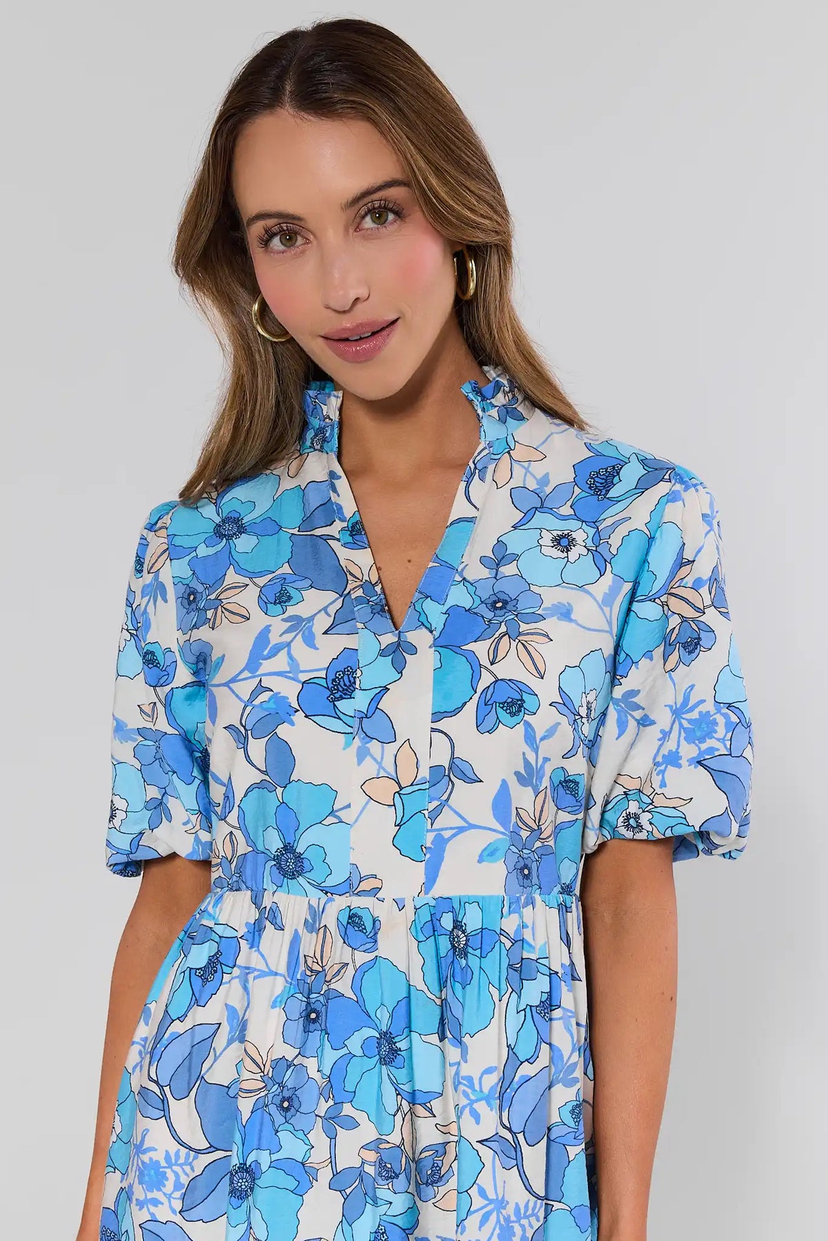 Cassie Blue Floral Dress - Close-Up Neckline & Puff Sleeve Detail | Avara