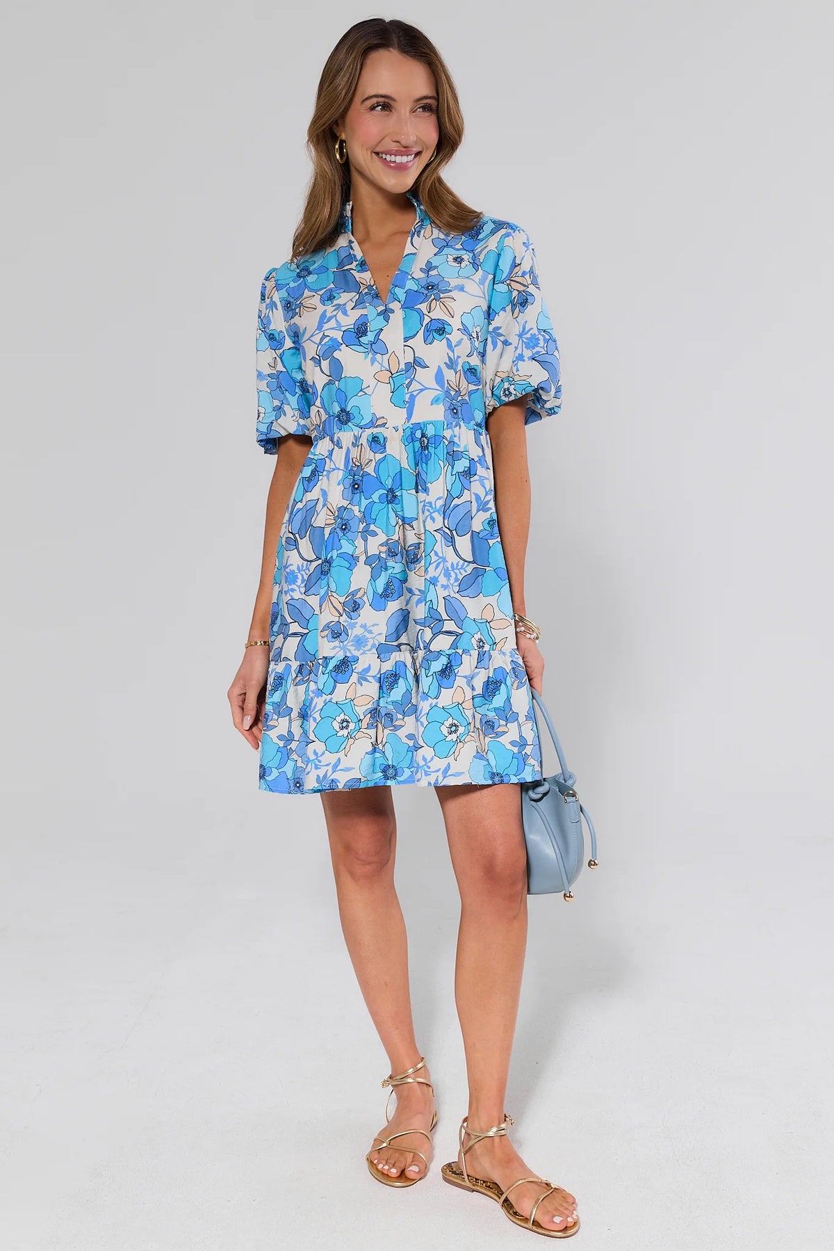 Cassie Blue Floral Short Dress - Full Front View, Styled with Gold Sandals | Avara