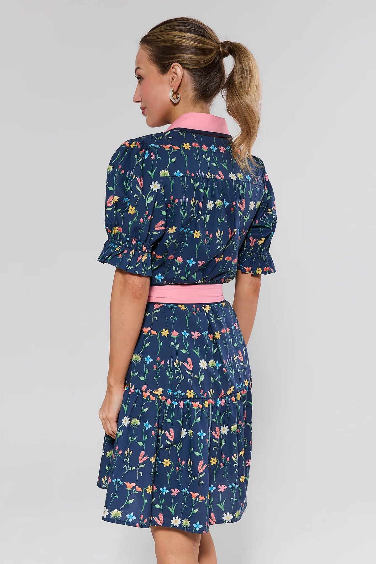 Luna Floral Button Up Short Dress navy with pink waistband and tiered skirt - Back View | Avara