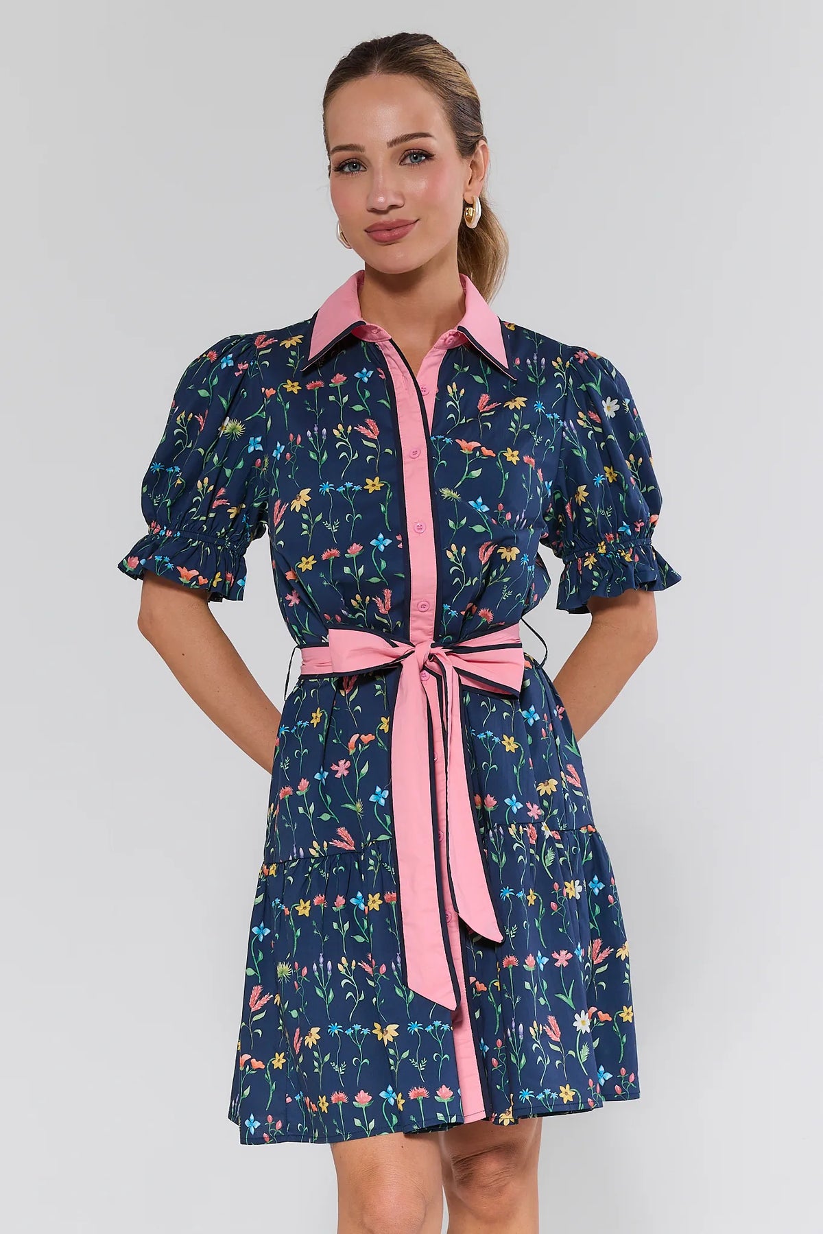 Luna Floral Button Up Short Dress in navy with pink collar and tie belt - Front View | Avara