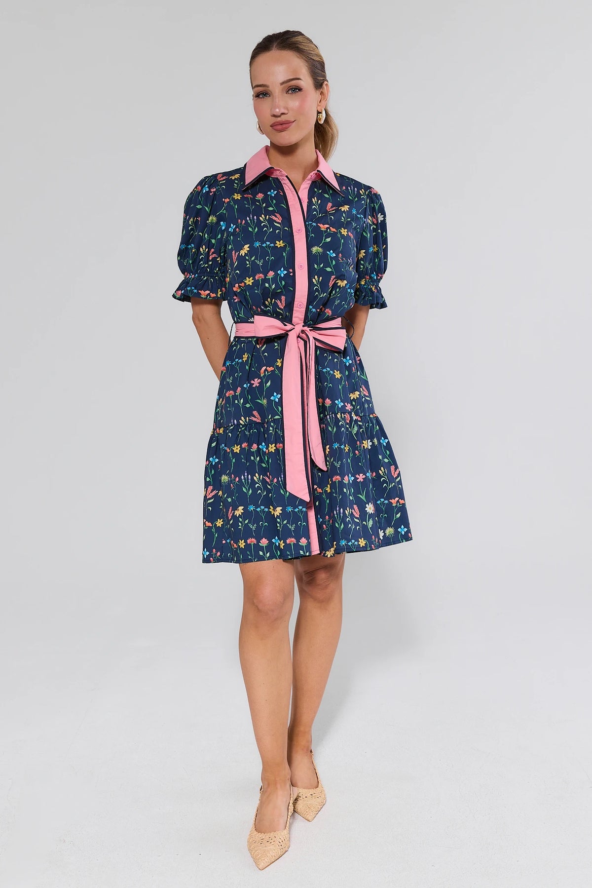 Luna Floral Button Up Short Dress navy floral A-line with pink belt and ruffle sleeves - Full Length | Avara