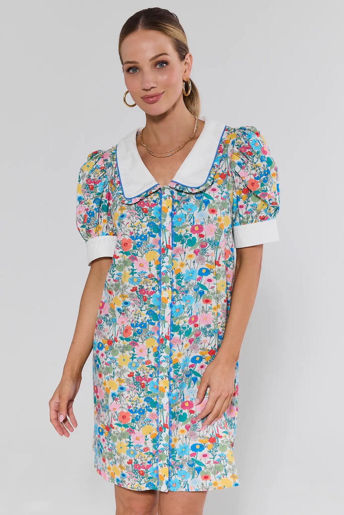 Vivienne Floral Print Short Dress with white peter pan collar, puff sleeves - Front View | Avara