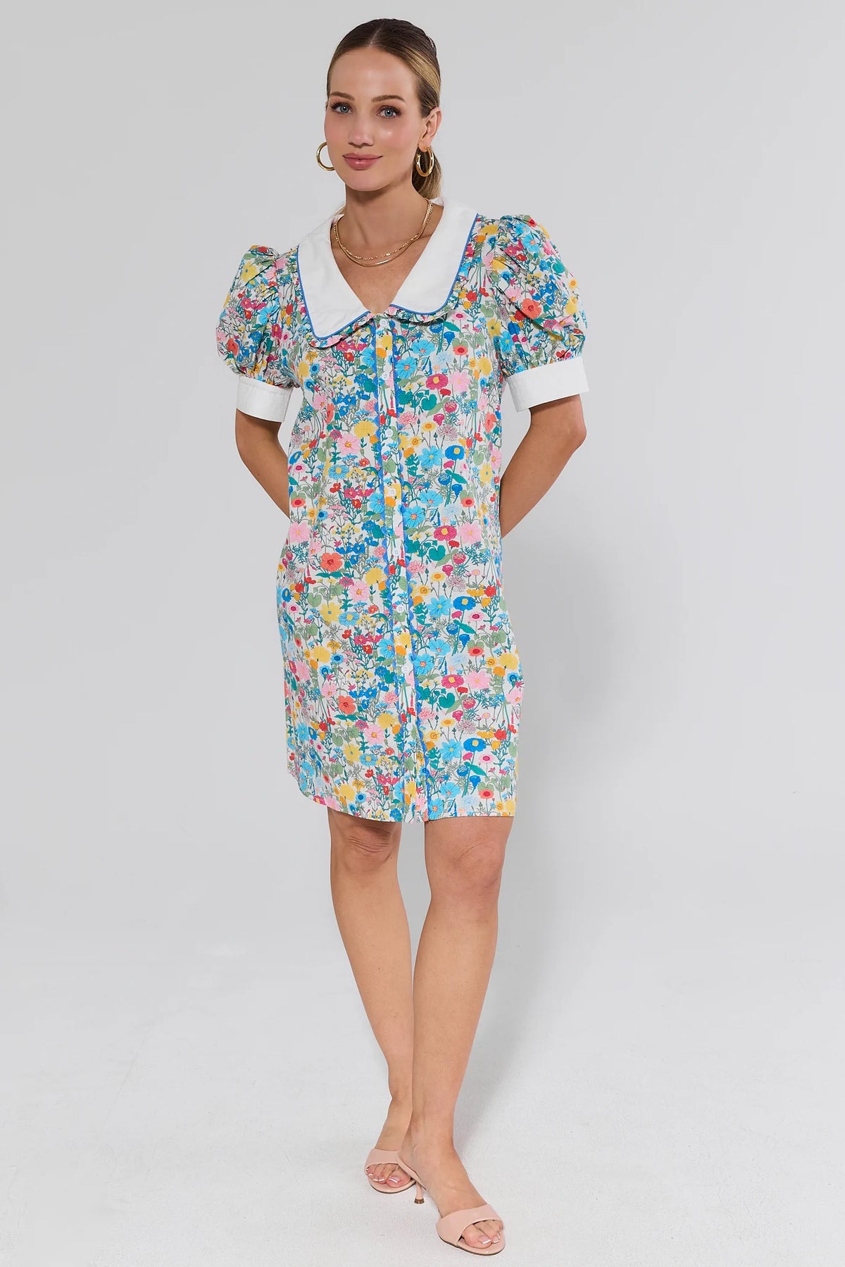 Vivienne Floral Print Short Dress multicolor a-line silhouette, full length on model - Full View | Avara