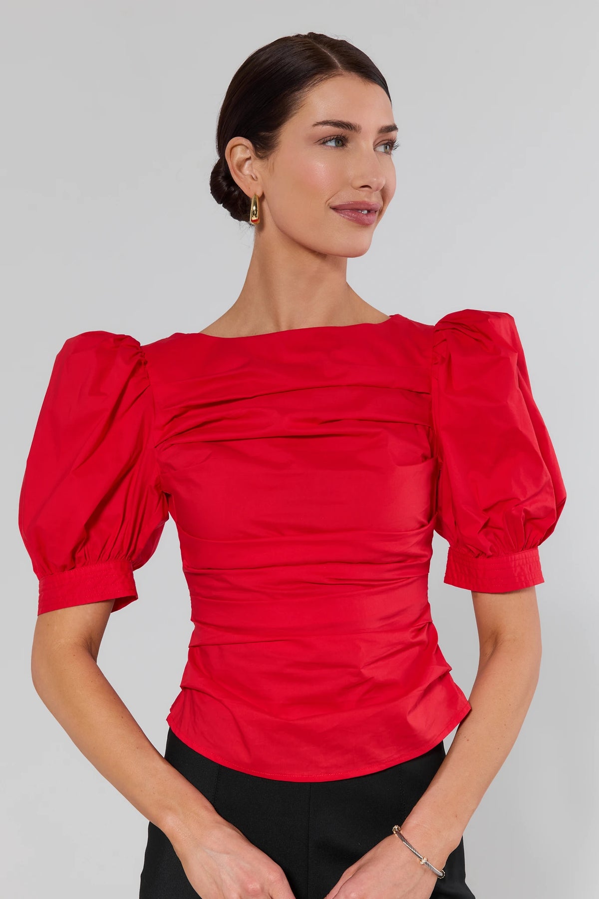 Milly Red Gathered Puff Sleeve Top with boat neckline - Front View On Model | Avara