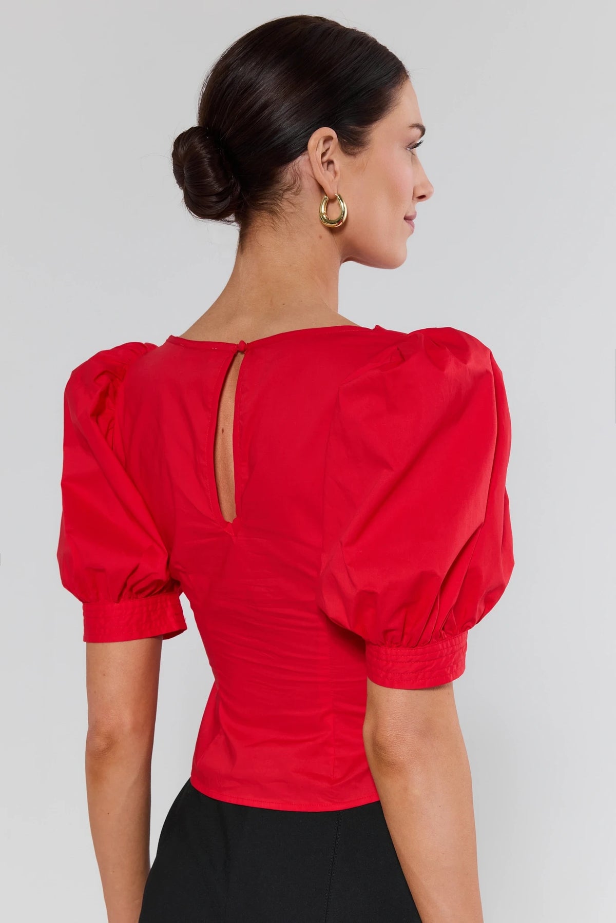 Milly Red Gathered Puff Sleeve Top keyhole back detail - Back View On Model | Avara