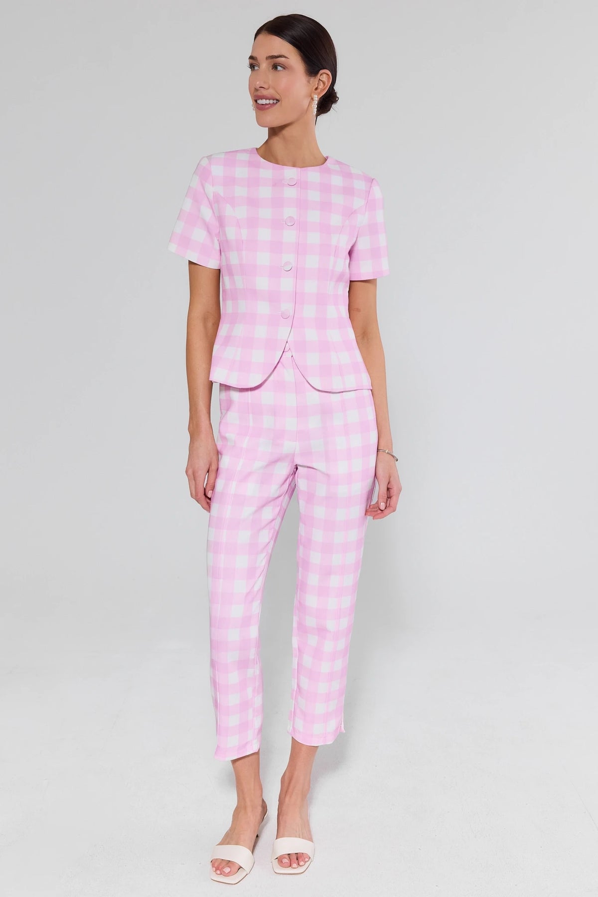 Pink gingham matching set - Winnie Tailored Top and Pants styled together, full-length front view | Avara