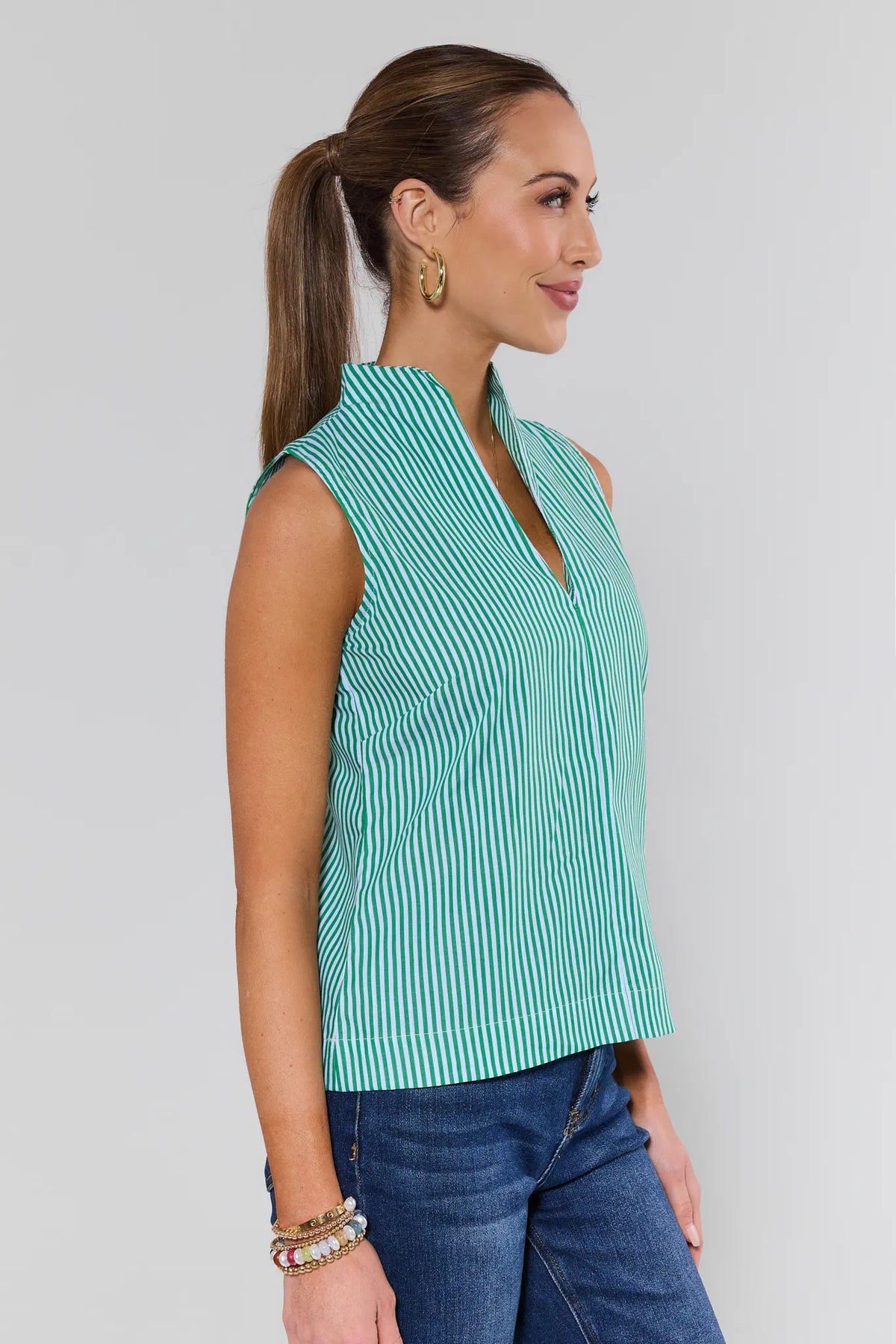 Ellie Green Striped Tank Top with high mock neckline - Side View | Avara