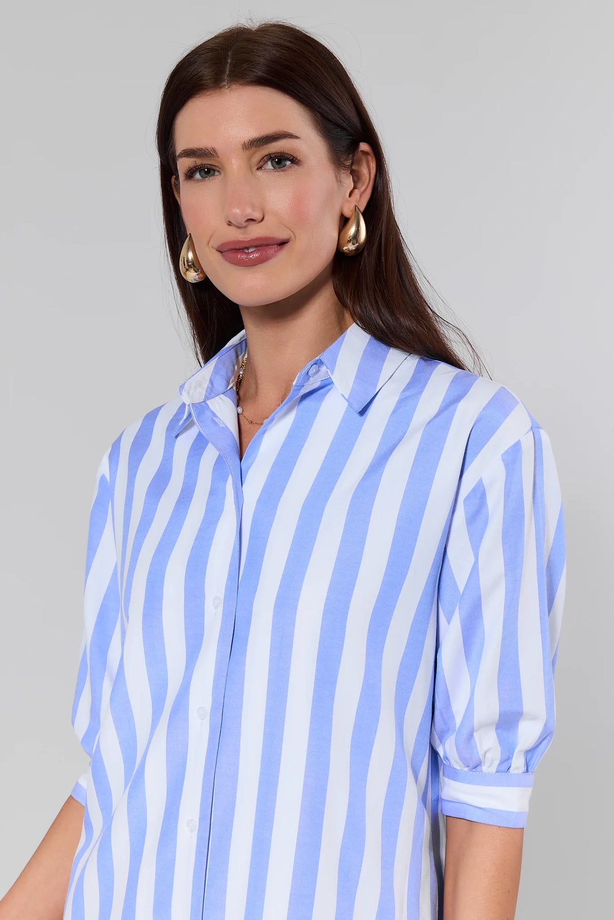 Colby Blue Striped Short Dress close-up showing point collar and puff elbow sleeves | Avara