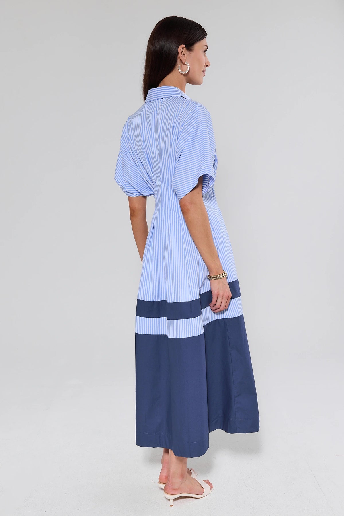 Diana Blue Striped Maxi Dress - Back View, contrast navy maxi skirt and short sleeves | Avara