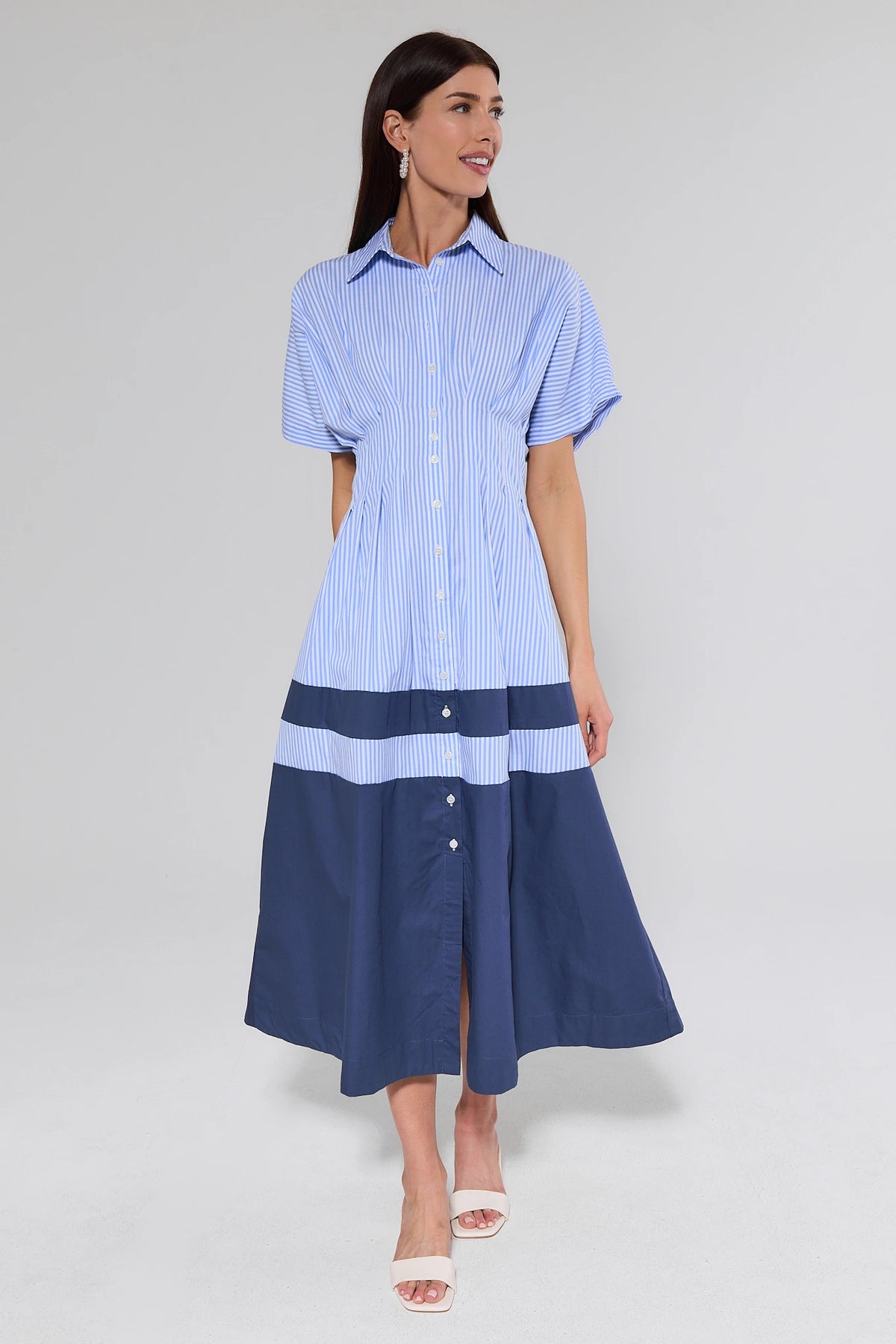 Diana Blue Striped Maxi Dress - Front View, contrast navy hem, button-front collar | Avara