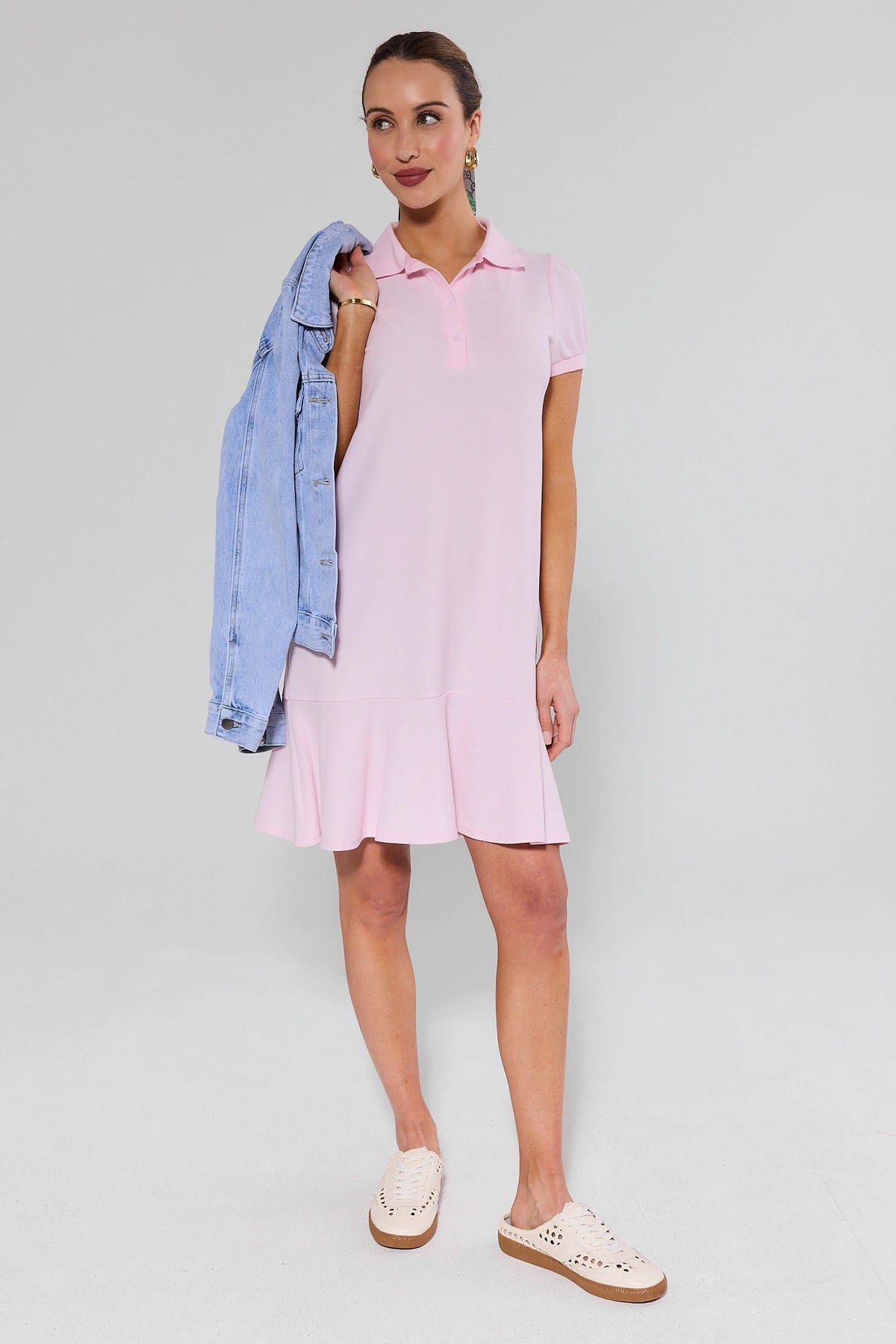 Light Pink Emerson Drop Waist Dress styled with denim jacket and sneakers - Full Length On Model | Avara