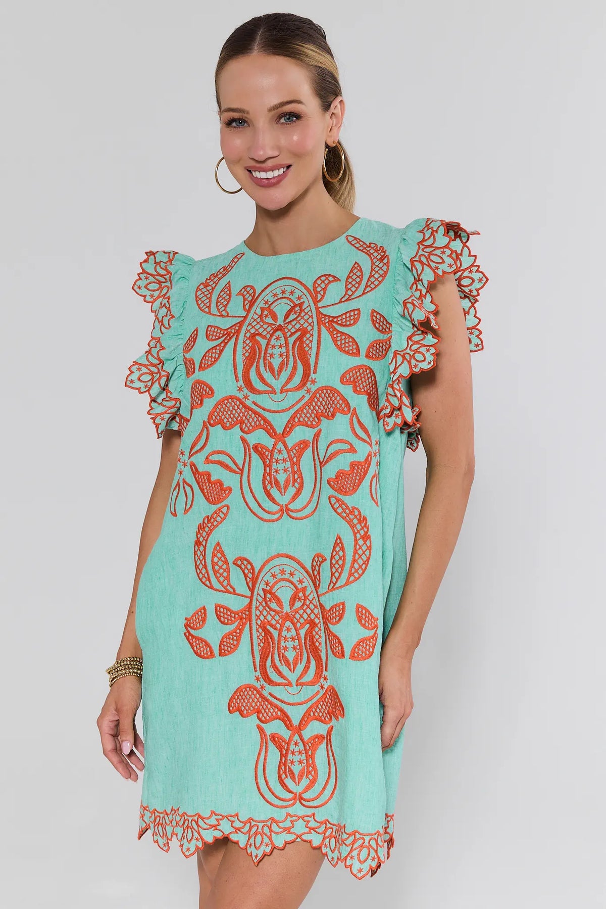 Bradley Green Embroidered Short Dress by THML - Flutter Sleeve Shift, Front View | Avara