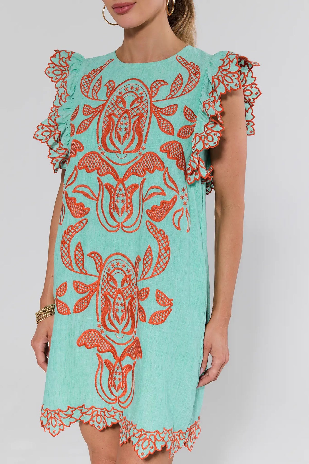 Bradley Green THML Embroidered Dress - Orange Floral Detail Close-Up, On Model | Avara