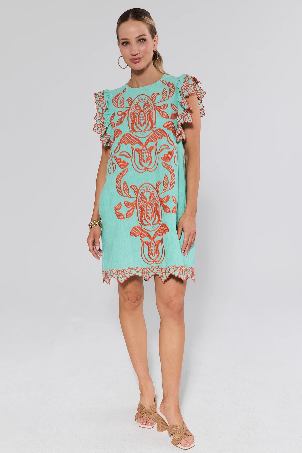 Bradley Green Embroidered Shift Dress by THML - Full Length Front, Styled with Sandals | Avara