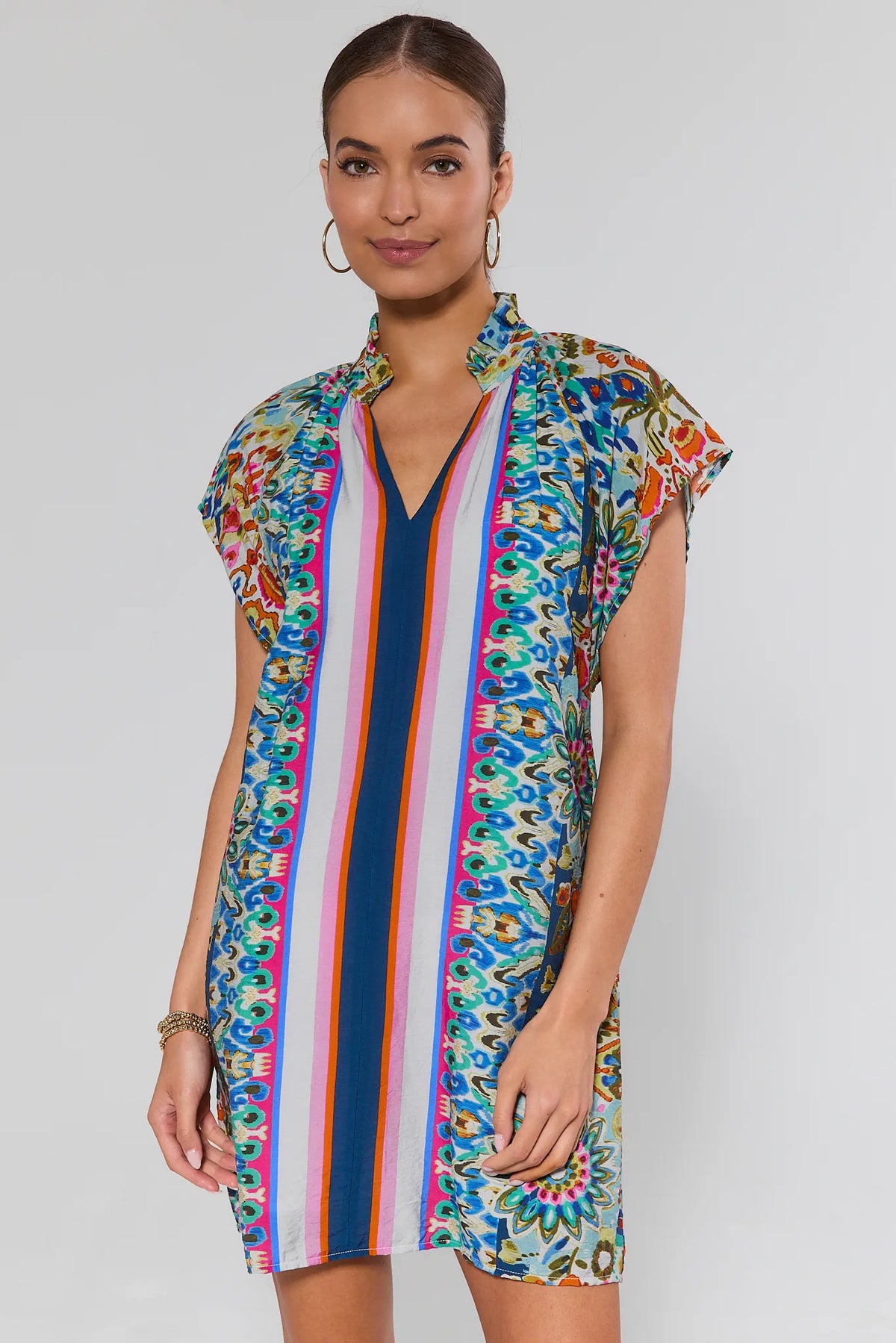 Rhonda Multi Printed Short Dress in bold mixed floral & stripe print - Front View | Avara