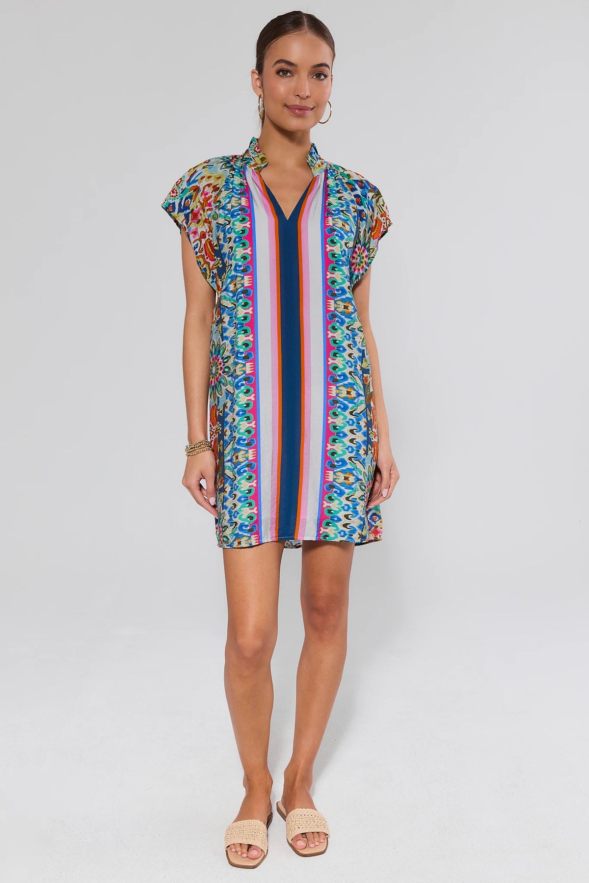 Rhonda Multi Printed Short Dress full-length front view with sandals, cute spring dress | Avara